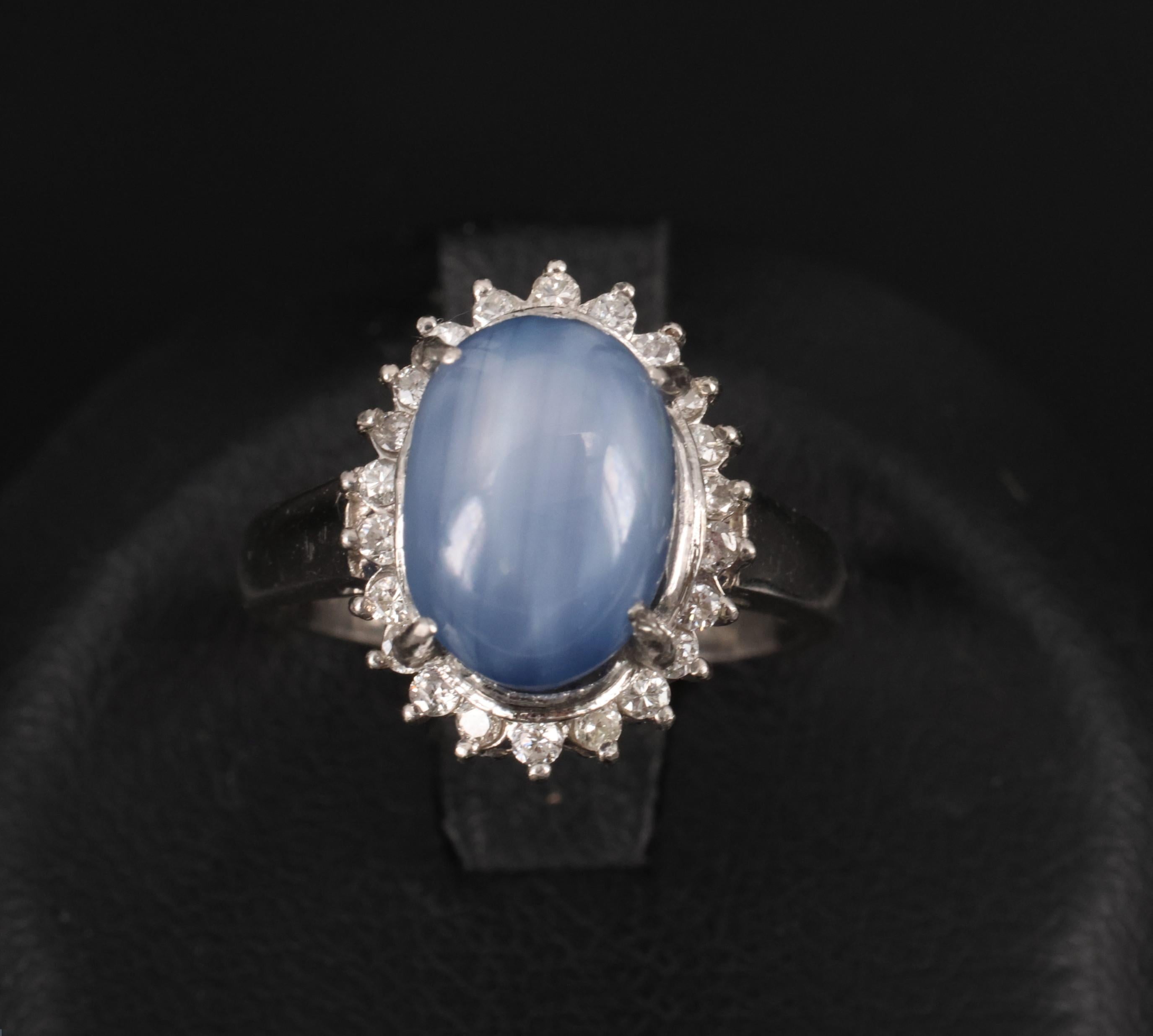 Estate 8.04ct Natural Star Sapphire &0.26ct Diamond Halo Platinum Ring Size 4.75