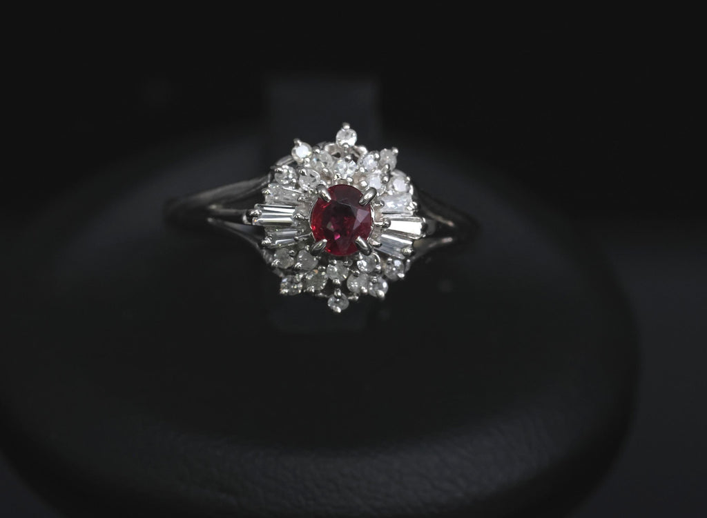 Vintage 0.30ct Intense Red Ruby & 0.24ct Diamond Platinum Ring Size 8, 3.71g