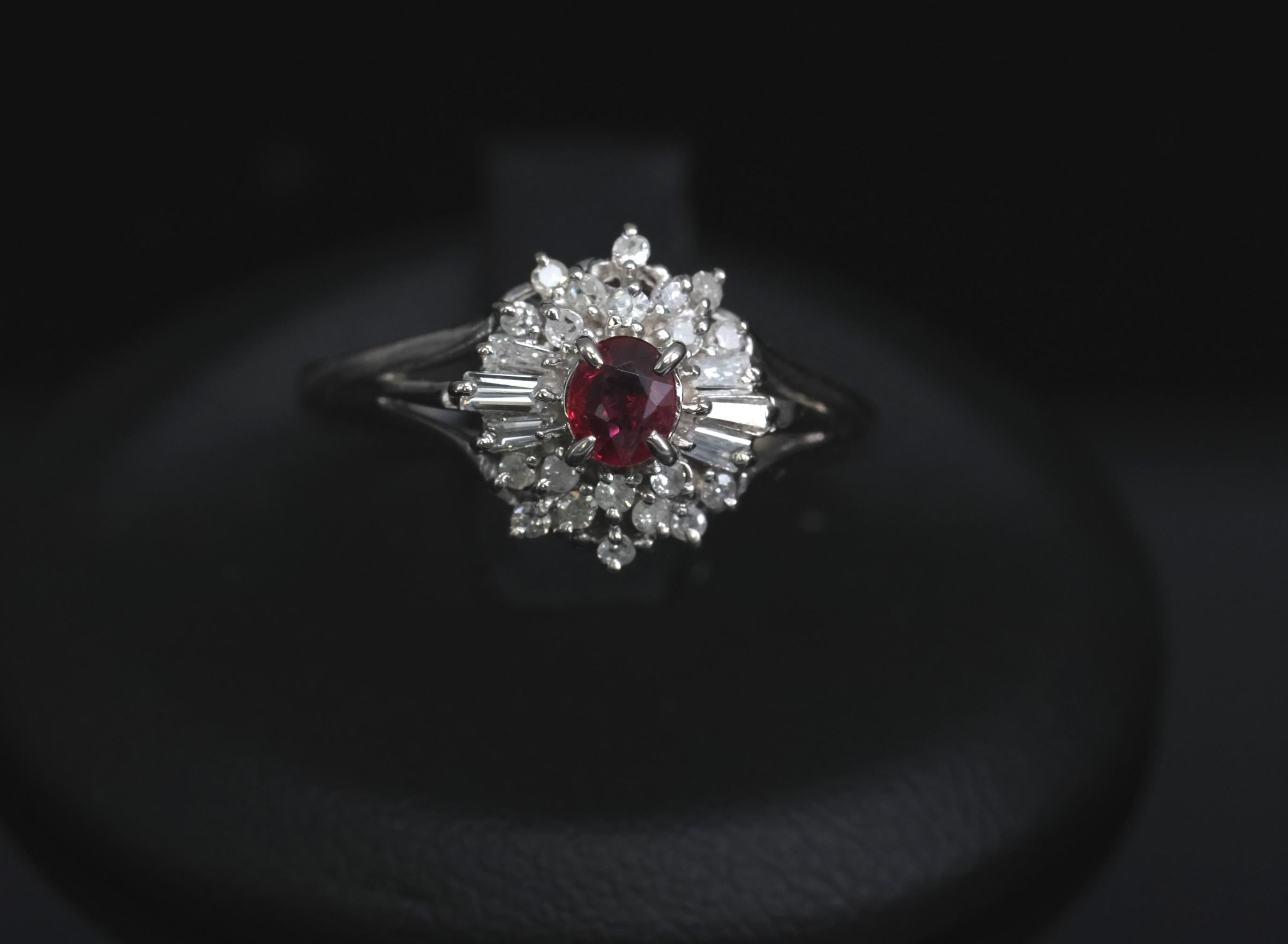Vintage 0.30ct Intense Red Ruby & 0.24ct Diamond Platinum Ring Size 8, 3.71g