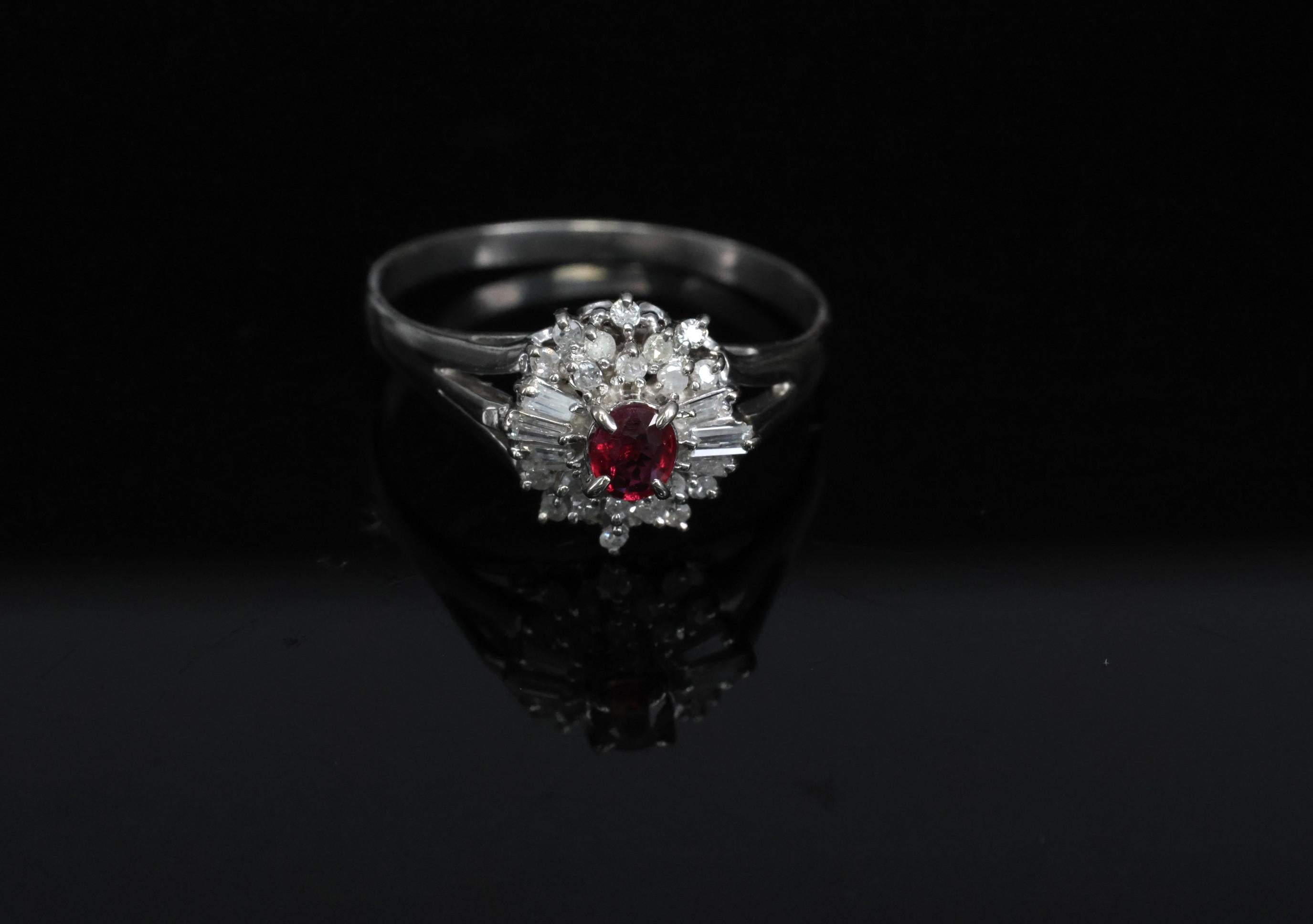 Vintage 0.30ct Intense Red Ruby & 0.24ct Diamond Platinum Ring Size 8, 3.71g