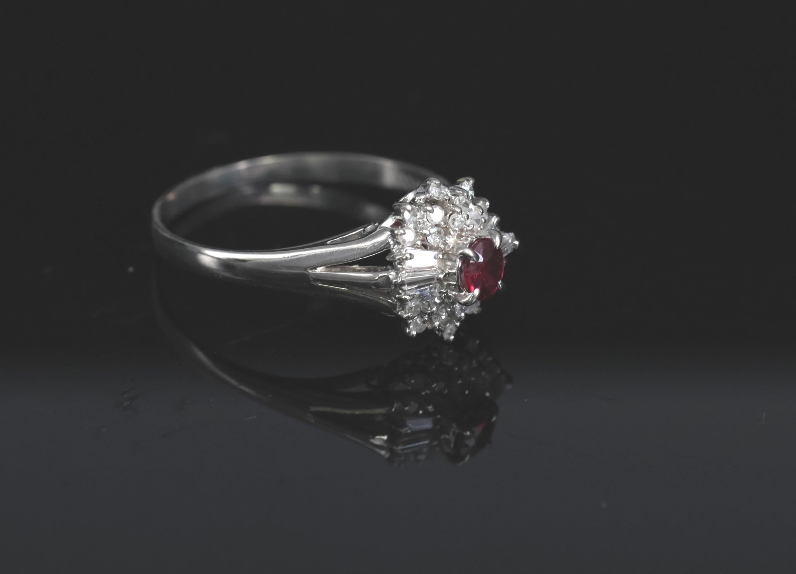 Vintage 0.30ct Intense Red Ruby & 0.24ct Diamond Platinum Ring Size 8, 3.71g