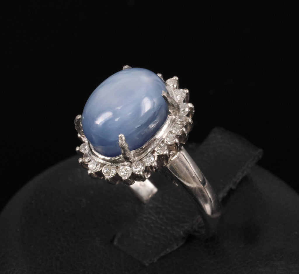 Estate 8.04ct Natural Star Sapphire &0.26ct Diamond Halo Platinum Ring Size 4.75