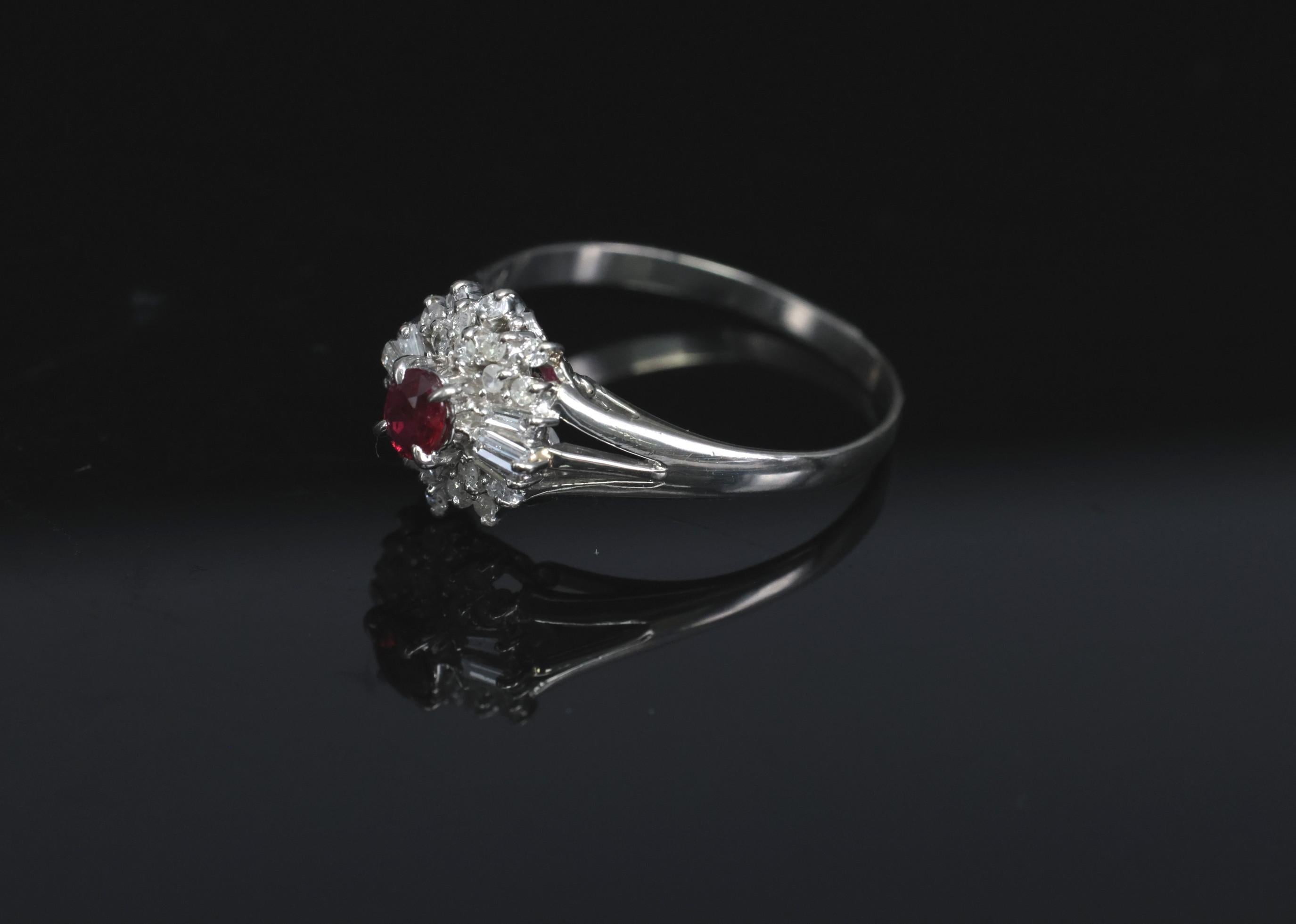 Vintage 0.30ct Intense Red Ruby & 0.24ct Diamond Platinum Ring Size 8, 3.71g
