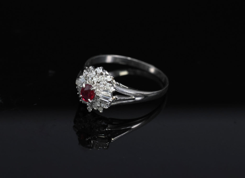 Vintage 0.30ct Intense Red Ruby & 0.24ct Diamond Platinum Ring Size 8, 3.71g