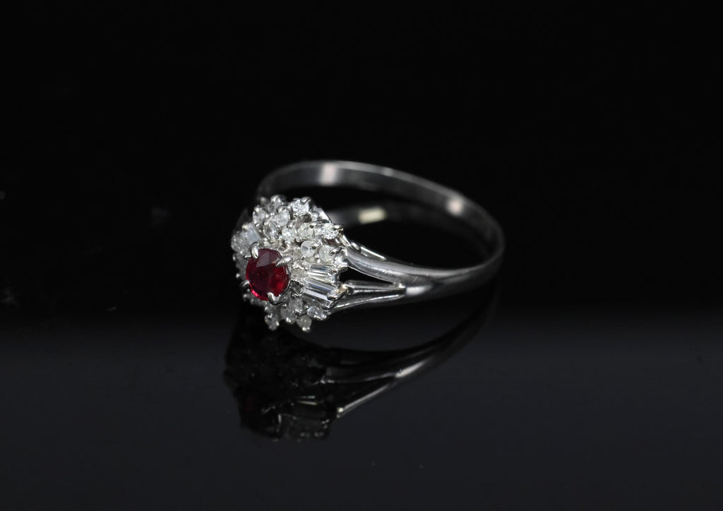 Vintage 0.30ct Intense Red Ruby & 0.24ct Diamond Platinum Ring Size 8, 3.71g