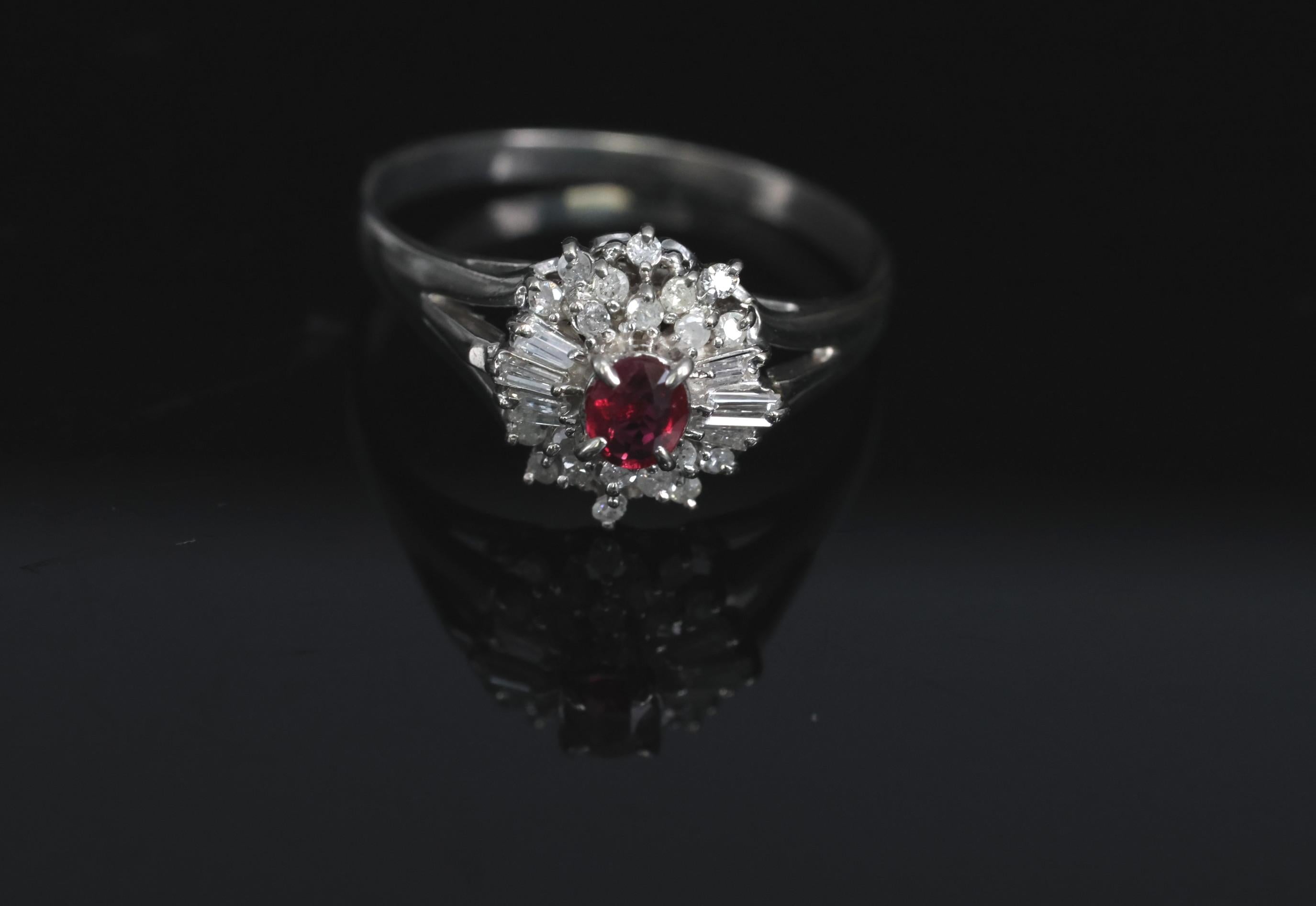 Vintage 0.30ct Intense Red Ruby & 0.24ct Diamond Platinum Ring Size 8, 3.71g