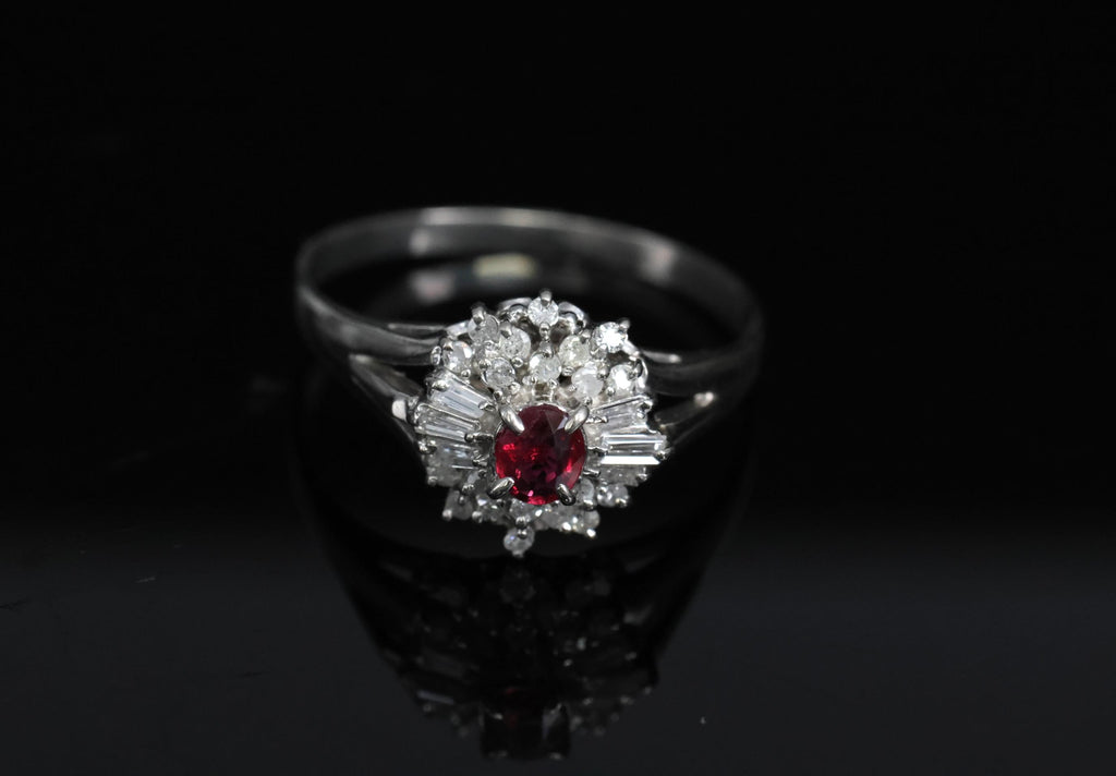 Vintage 0.30ct Intense Red Ruby & 0.24ct Diamond Platinum Ring Size 8, 3.71g