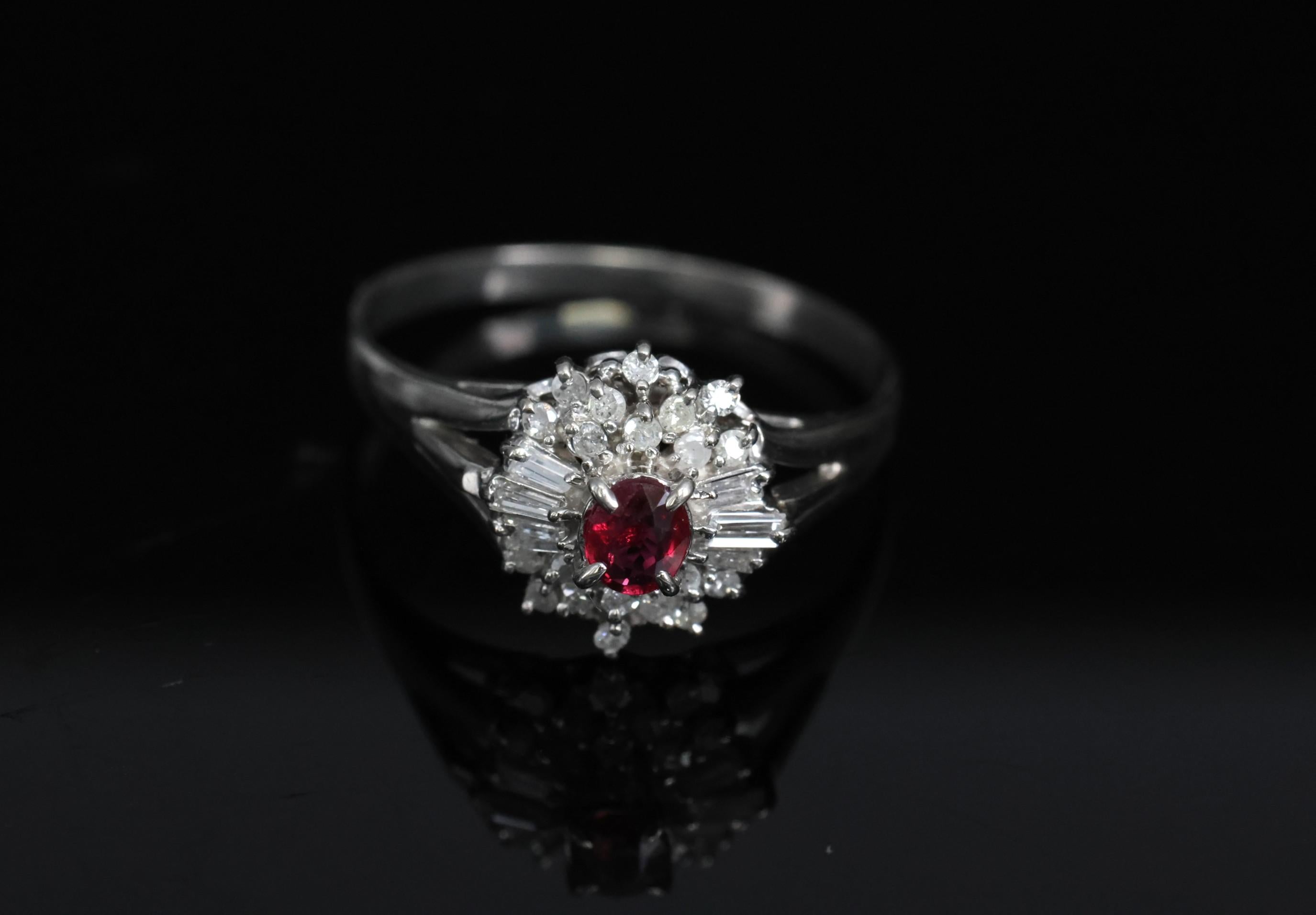 Vintage 0.30ct Intense Red Ruby & 0.24ct Diamond Platinum Ring Size 8, 3.71g
