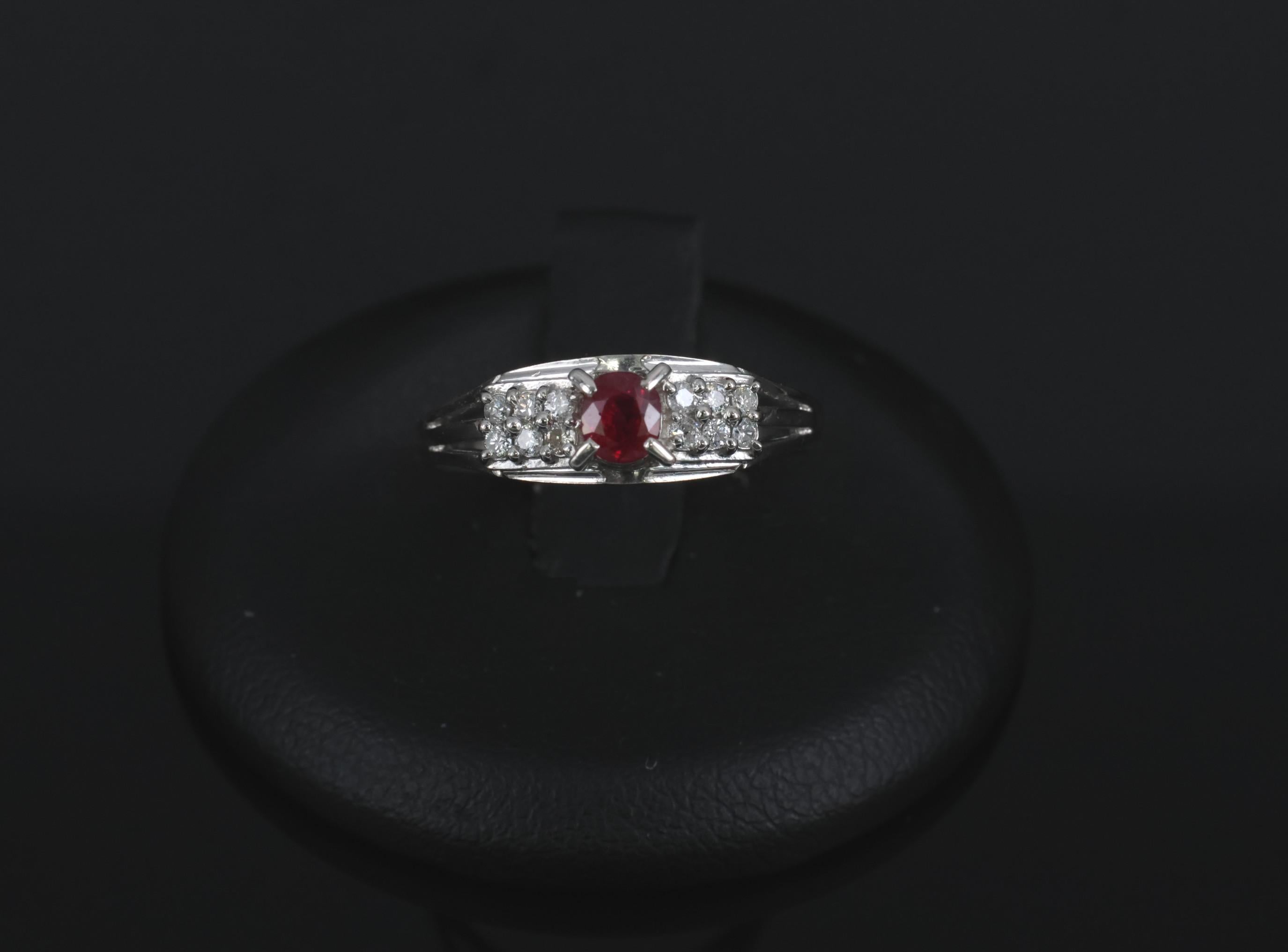 Vintage 0.40ct Vivid Red Ruby & 0.12ct Diamond Platinum Ring Size 6.75. 3.93g