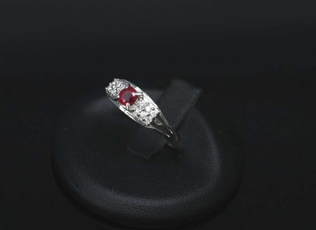Vintage 0.40ct Vivid Red Ruby & 0.12ct Diamond Platinum Ring Size 6.75. 3.93g
