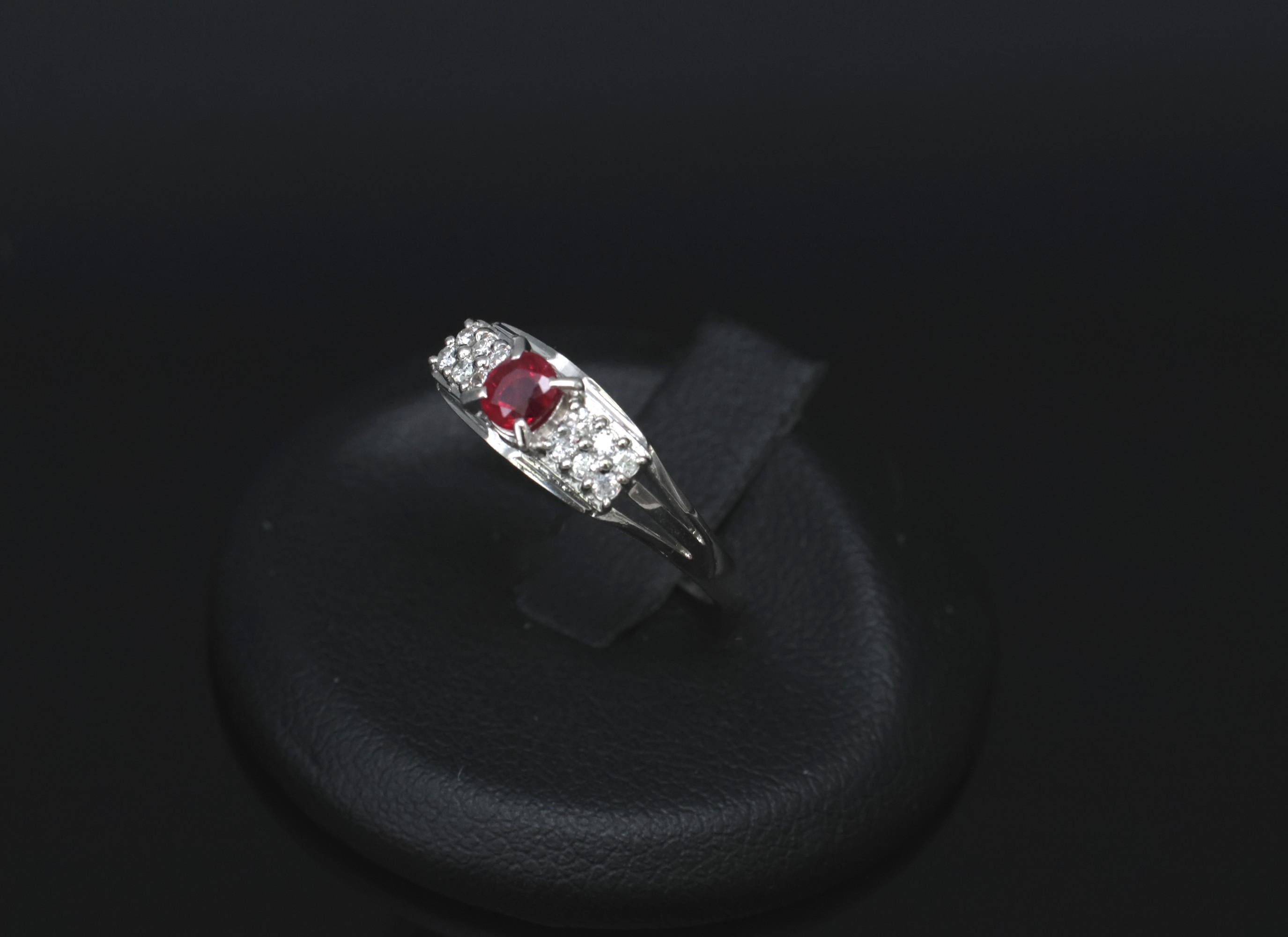 Vintage 0.40ct Vivid Red Ruby & 0.12ct Diamond Platinum Ring Size 6.75. 3.93g