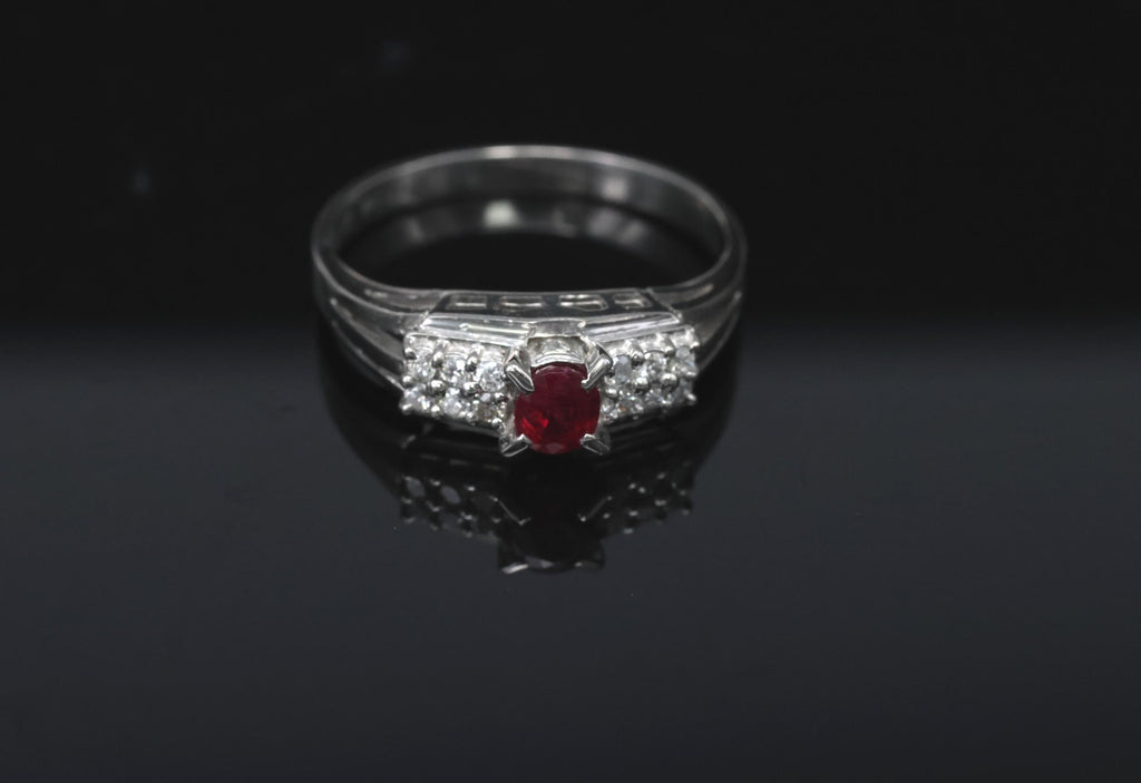 Vintage 0.40ct Vivid Red Ruby & 0.12ct Diamond Platinum Ring Size 6.75. 3.93g