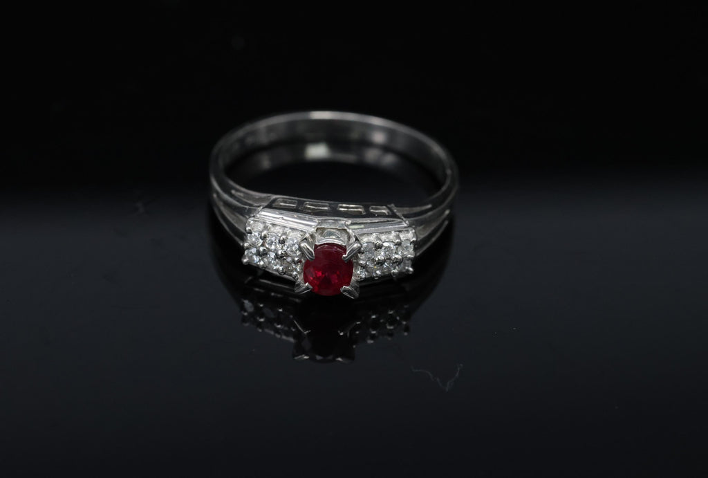 Vintage 0.40ct Vivid Red Ruby & 0.12ct Diamond Platinum Ring Size 6.75. 3.93g