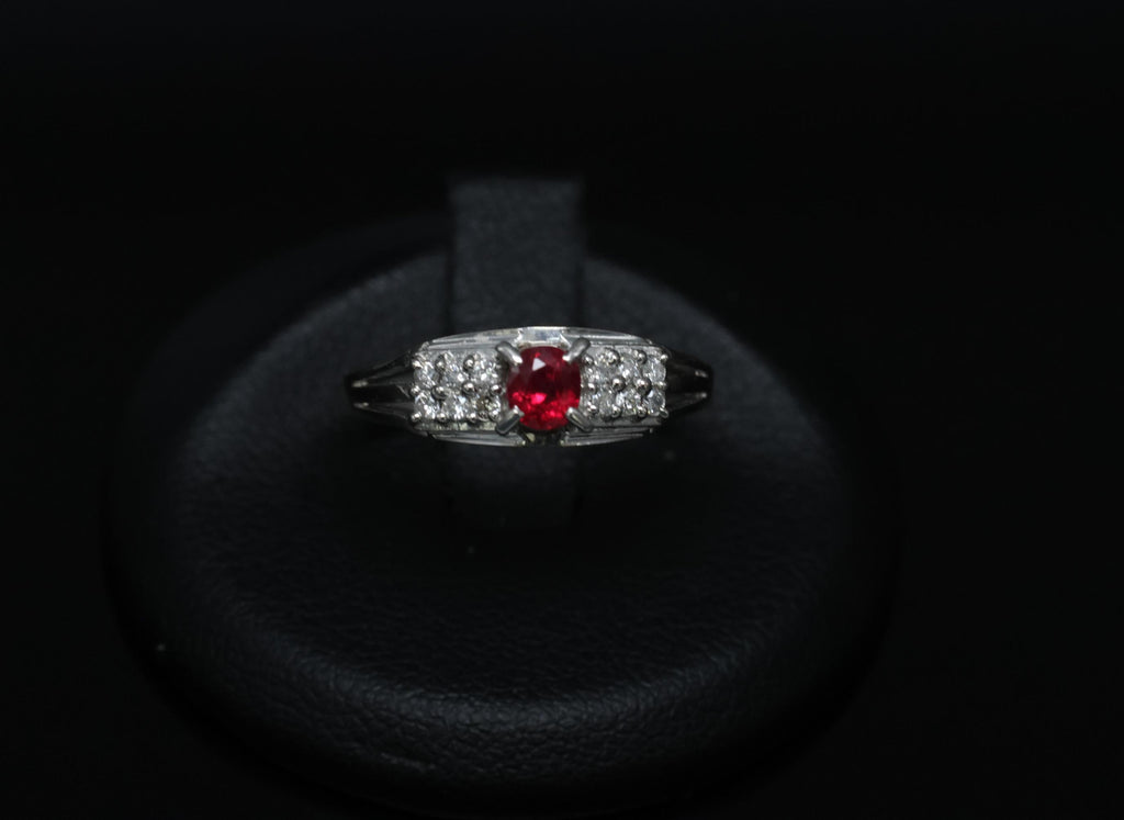 Vintage 0.40ct Vivid Red Ruby & 0.12ct Diamond Platinum Ring Size 6.75. 3.93g