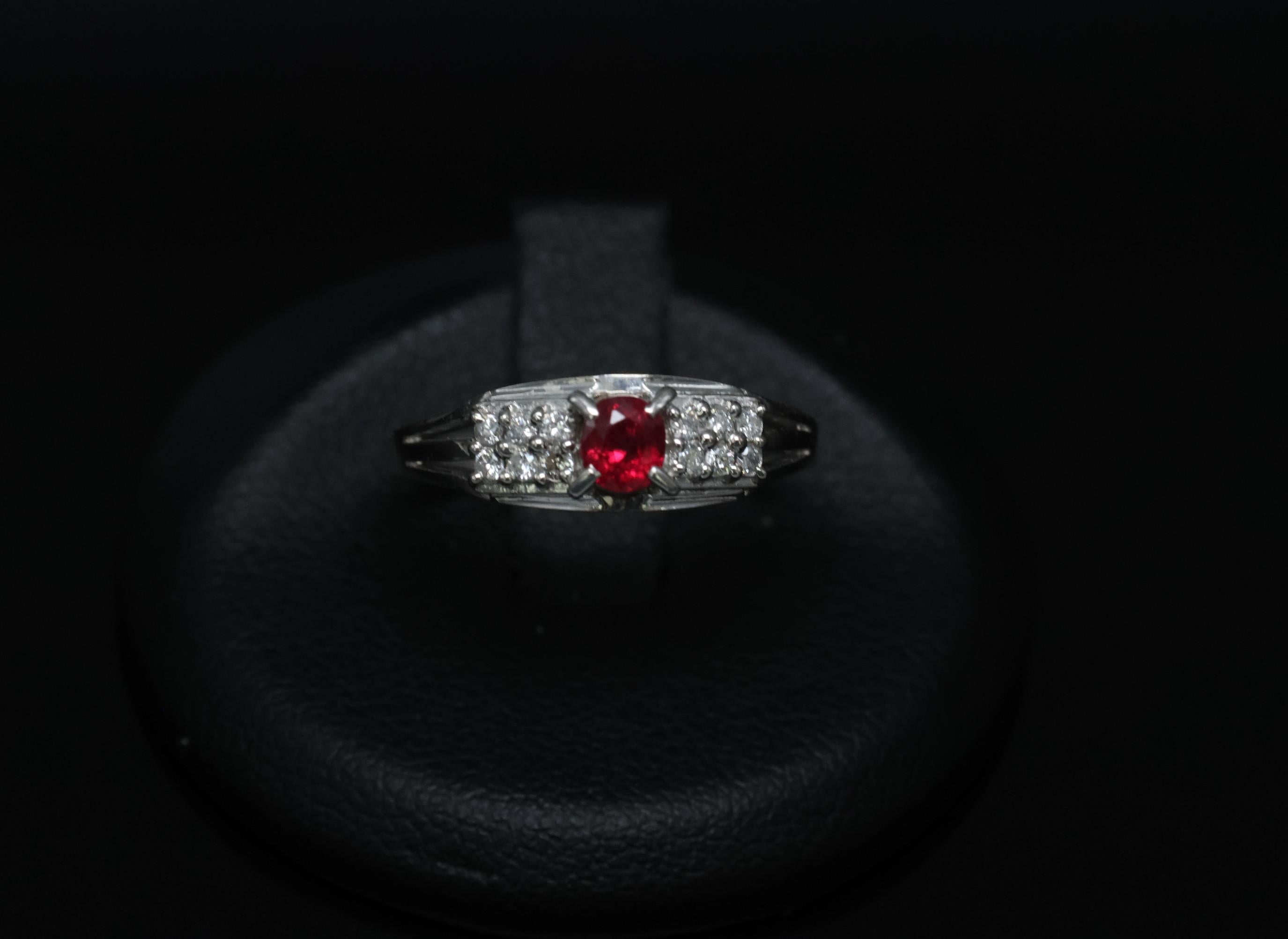 Vintage 0.40ct Vivid Red Ruby & 0.12ct Diamond Platinum Ring Size 6.75. 3.93g