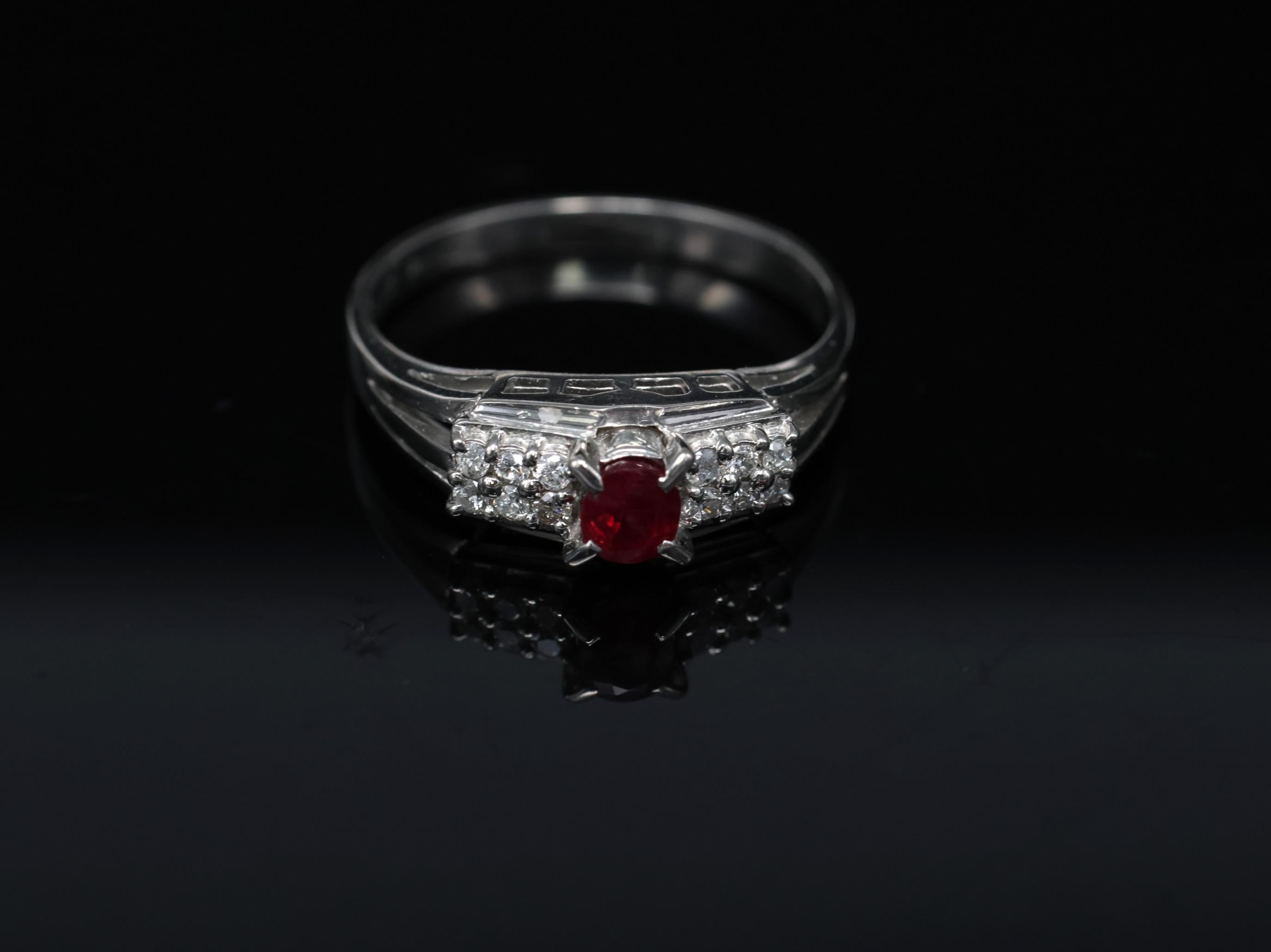 Vintage 0.40ct Vivid Red Ruby & 0.12ct Diamond Platinum Ring Size 6.75. 3.93g