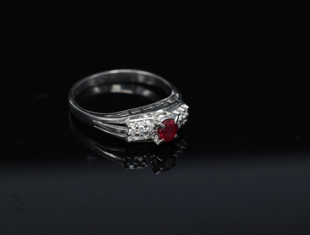 Vintage 0.40ct Vivid Red Ruby & 0.12ct Diamond Platinum Ring Size 6.75. 3.93g