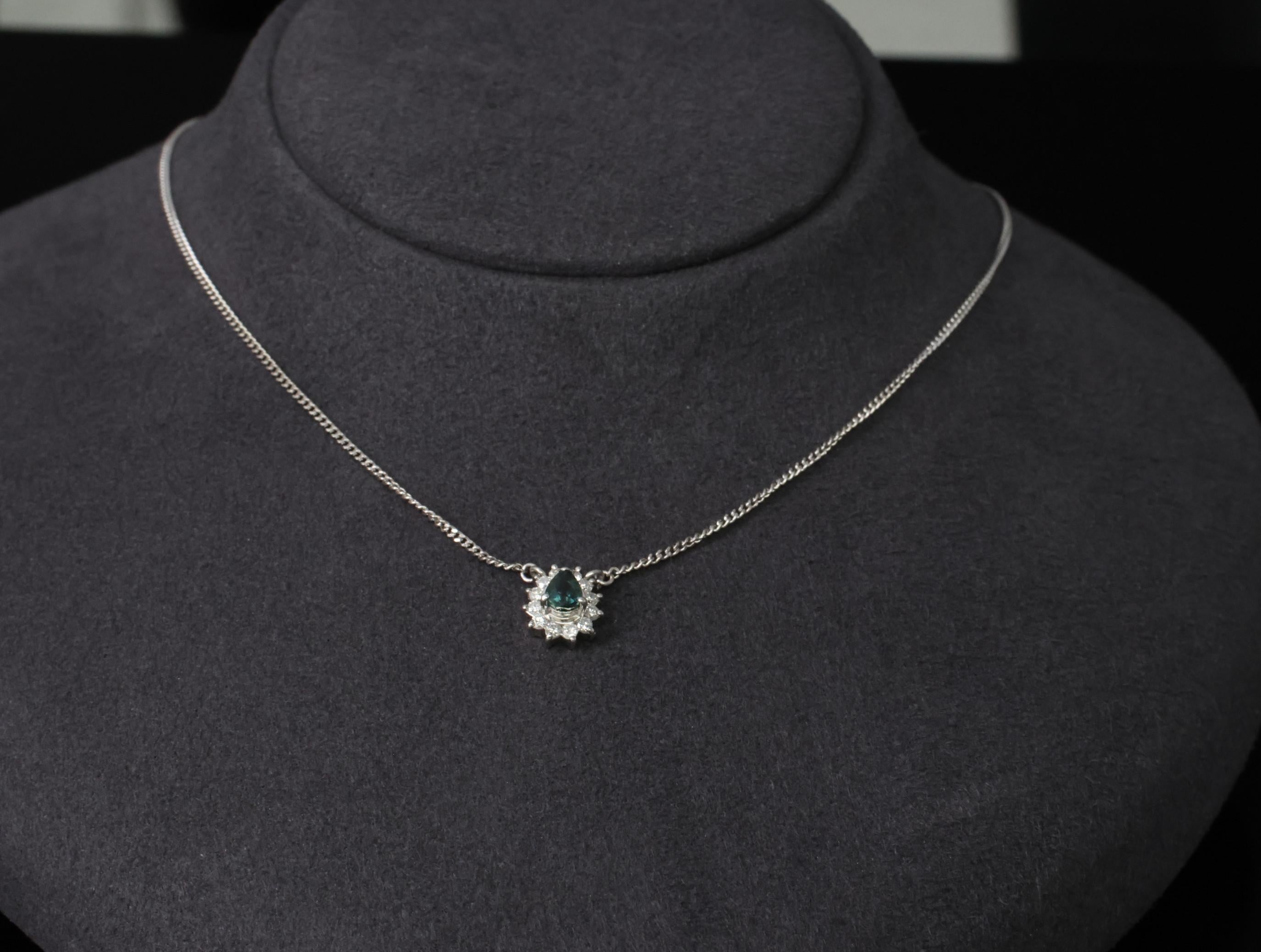 0.41ct Blue Green Sapphire & 0.20ct Diamond 16 inch Platinum Necklace, 4.37g