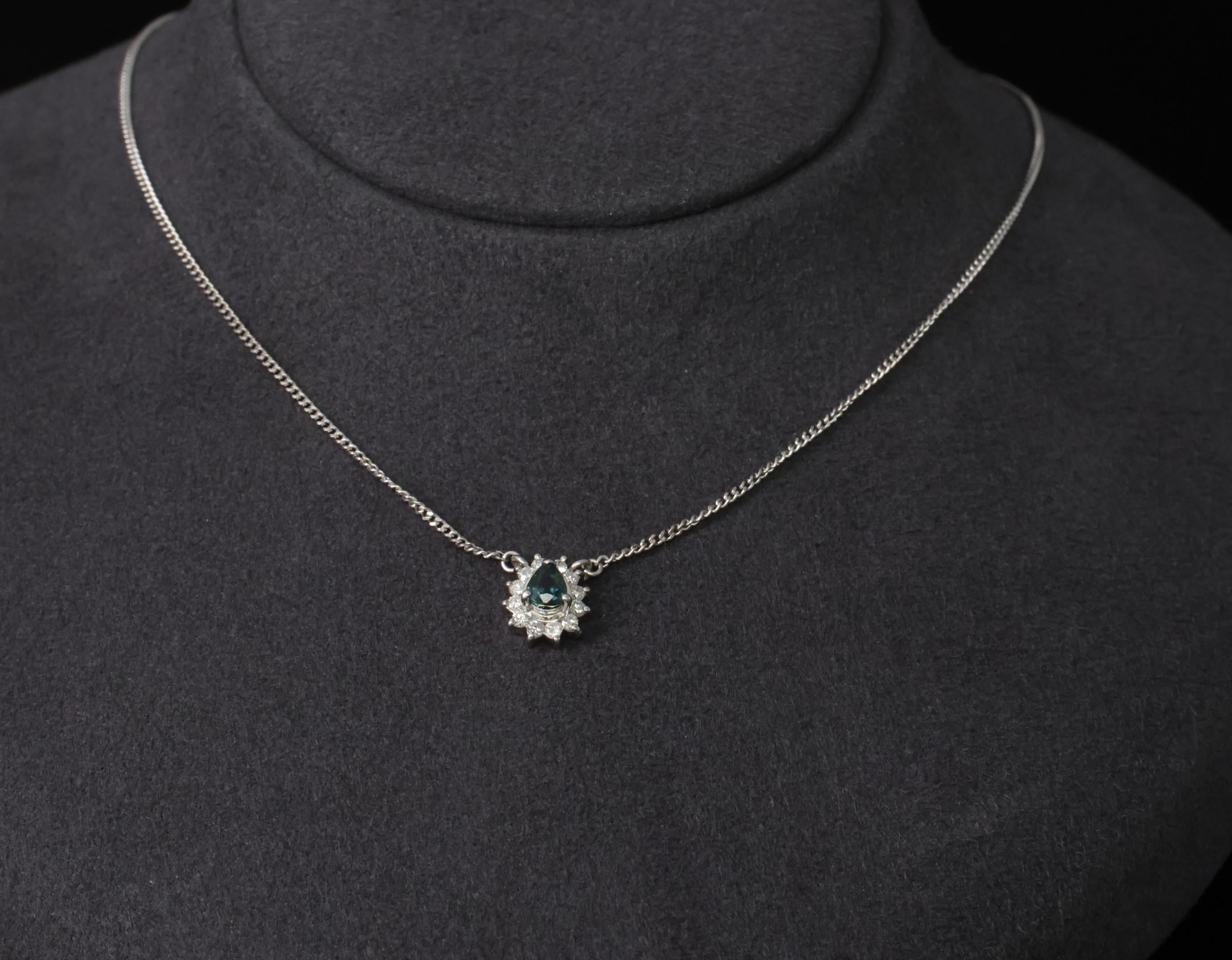 0.41ct Blue Green Sapphire & 0.20ct Diamond 16 inch Platinum Necklace, 4.37g