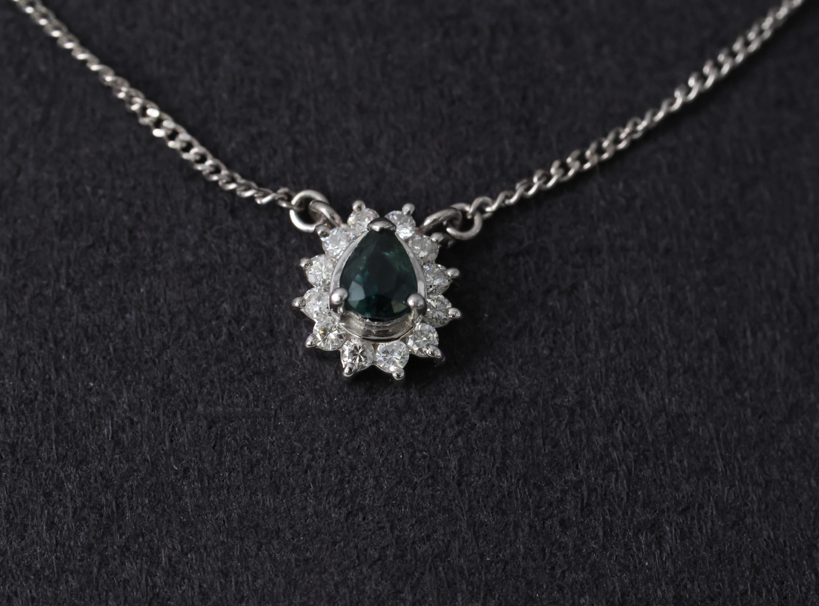 0.41ct Blue Green Sapphire & 0.20ct Diamond 16 inch Platinum Necklace, 4.37g