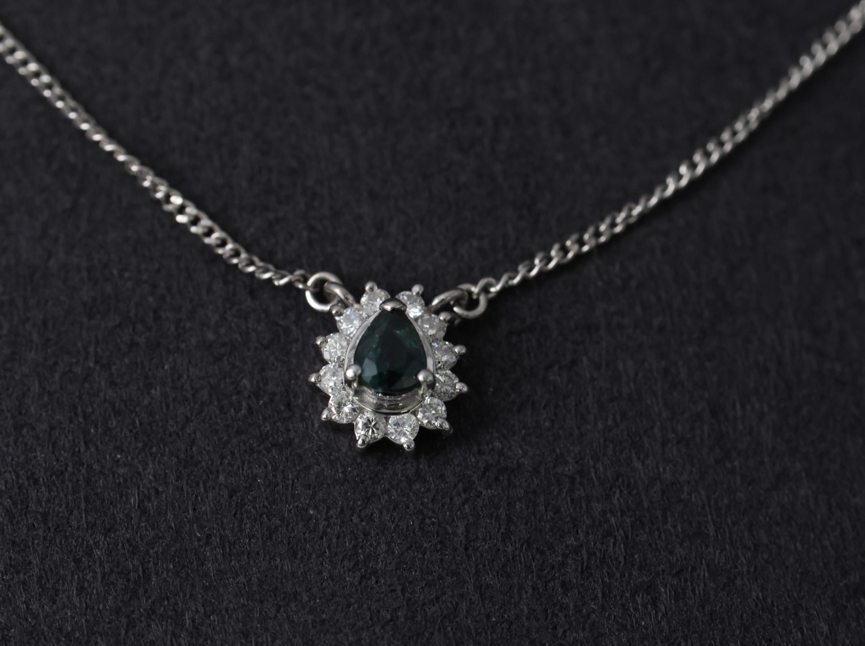 0.41ct Blue Green Sapphire & 0.20ct Diamond 16 inch Platinum Necklace, 4.37g