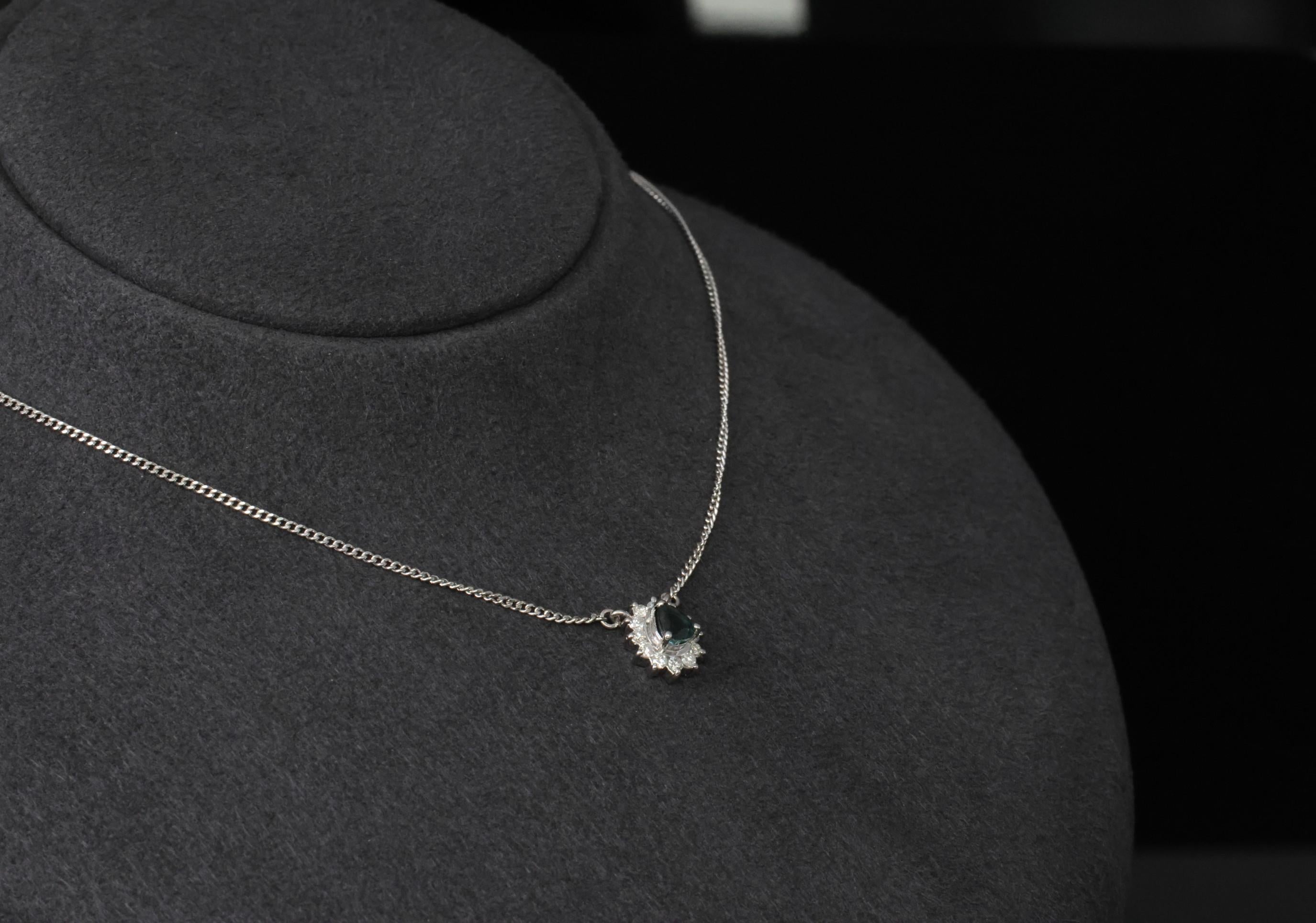 0.41ct Blue Green Sapphire & 0.20ct Diamond 16 inch Platinum Necklace, 4.37g
