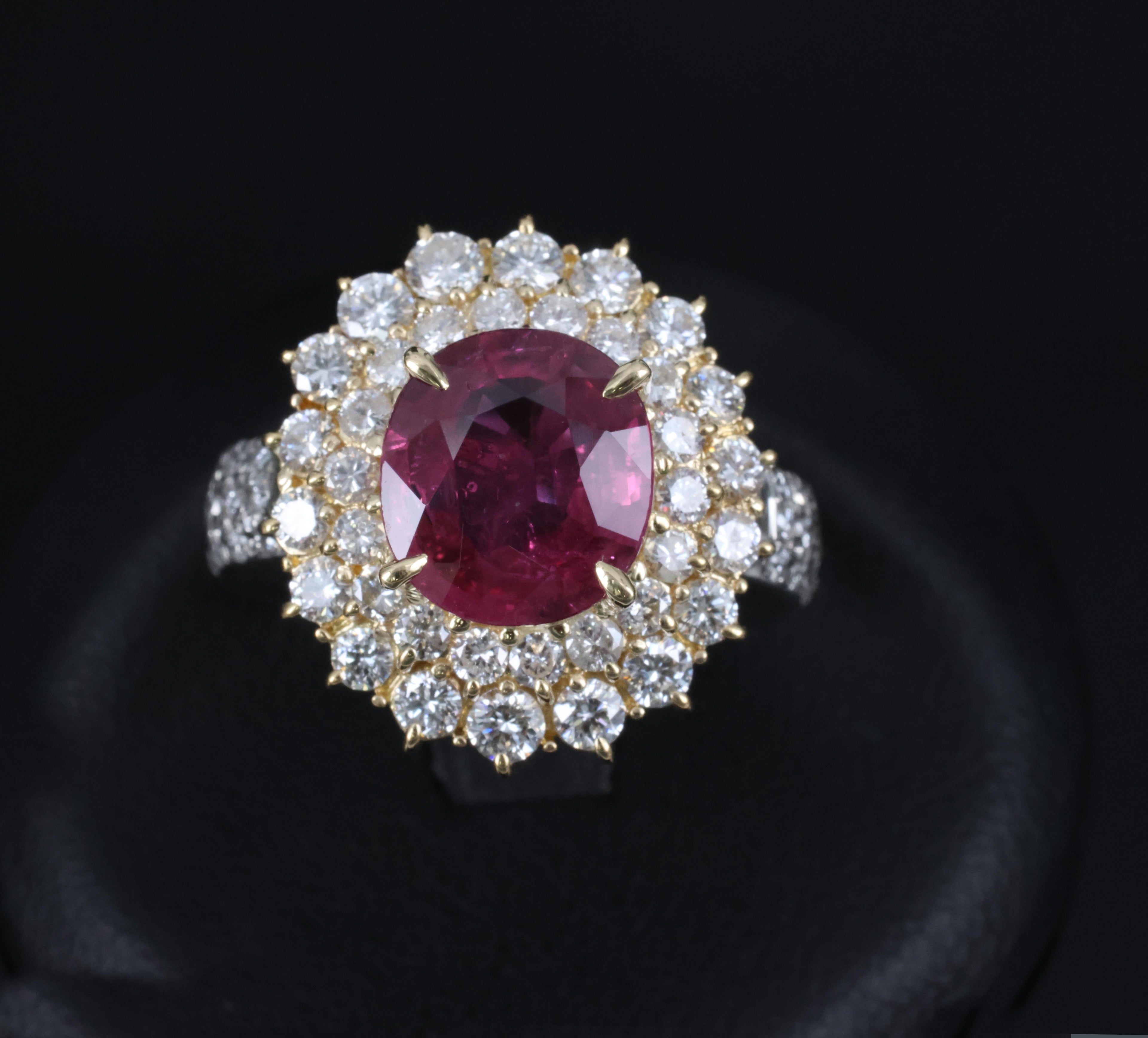 Fine 3.41ct GIA Thai Ruby & 1.62ct Diamond Platinum & 18K Gold Ring, Size 5.75