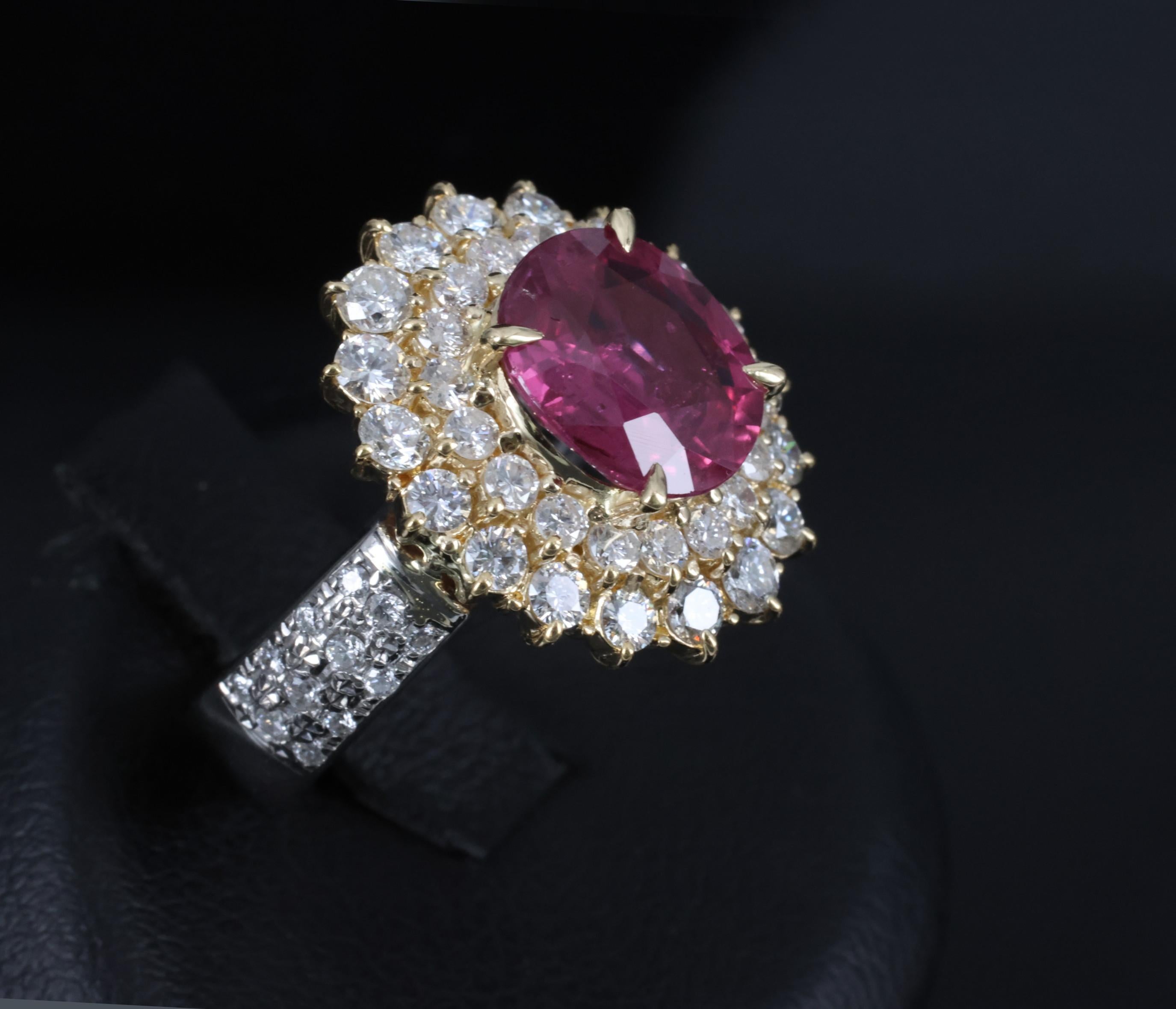 Fine 3.41ct GIA Thai Ruby & 1.62ct Diamond Platinum & 18K Gold Ring, Size 5.75