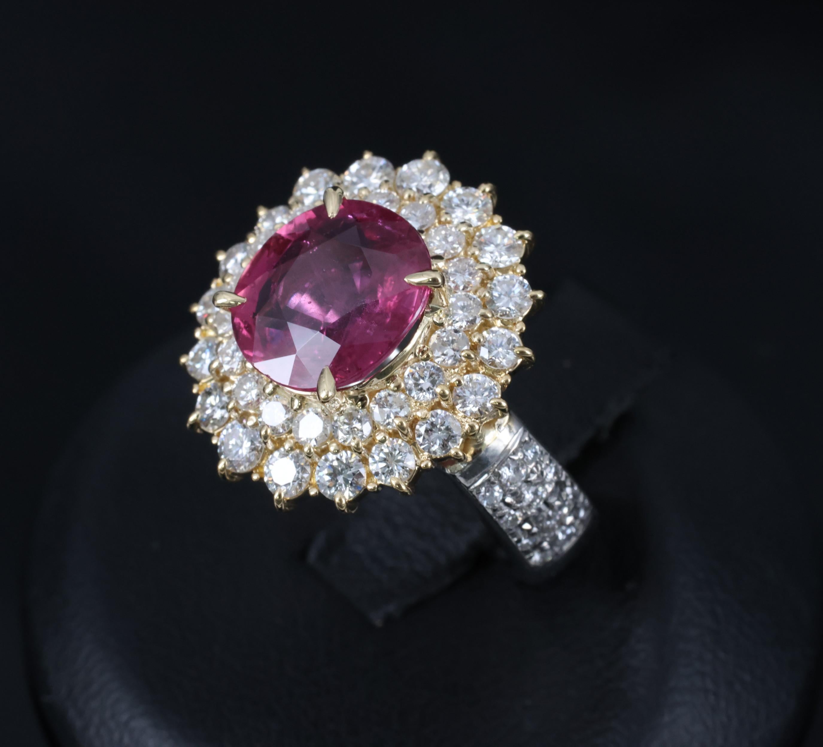 Fine 3.41ct GIA Thai Ruby & 1.62ct Diamond Platinum & 18K Gold Ring, Size 5.75