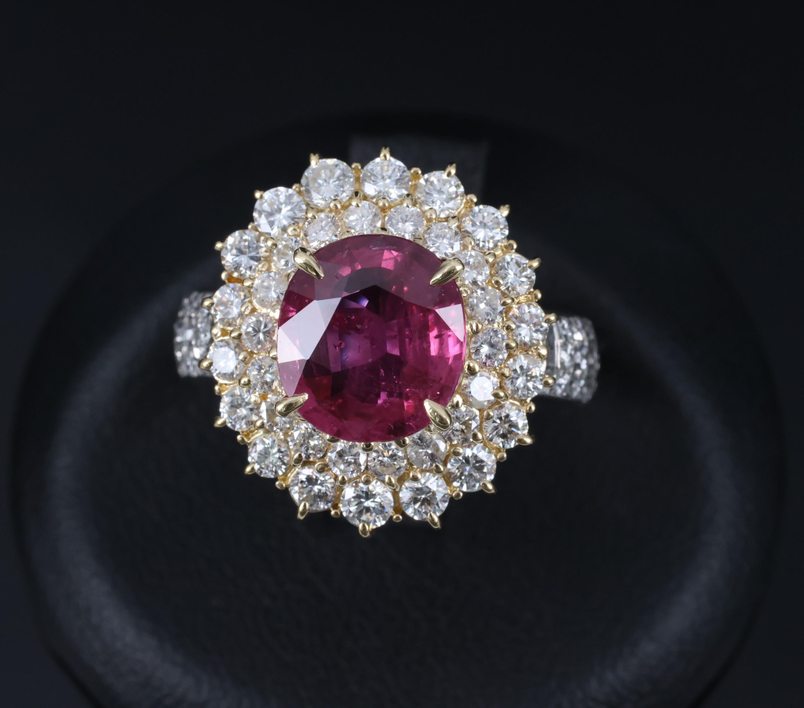Fine 3.41ct GIA Thai Ruby & 1.62ct Diamond Platinum & 18K Gold Ring, Size 5.75