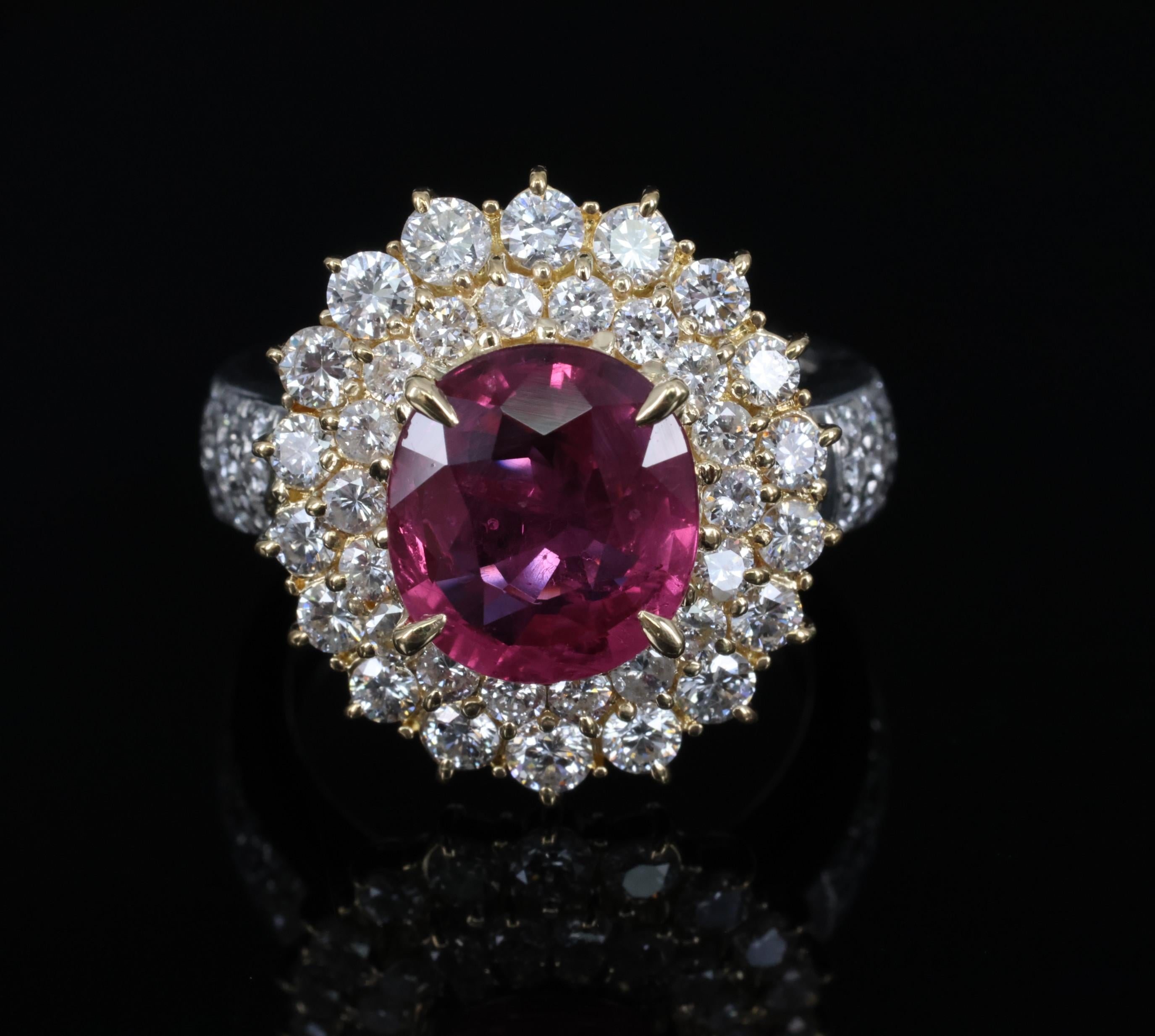 Fine 3.41ct GIA Thai Ruby & 1.62ct Diamond Platinum & 18K Gold Ring, Size 5.75