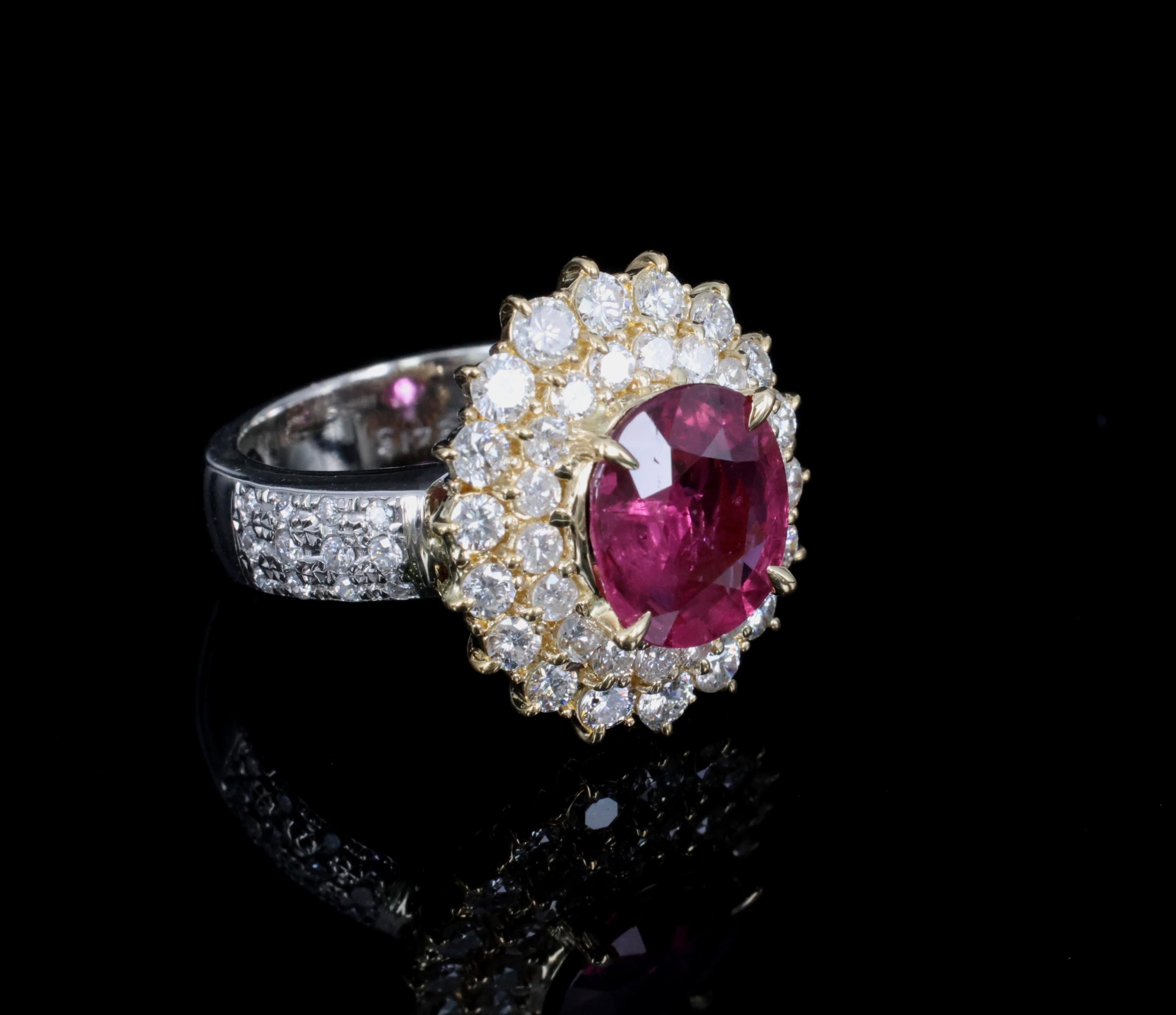 Fine 3.41ct GIA Thai Ruby & 1.62ct Diamond Platinum & 18K Gold Ring, Size 5.75