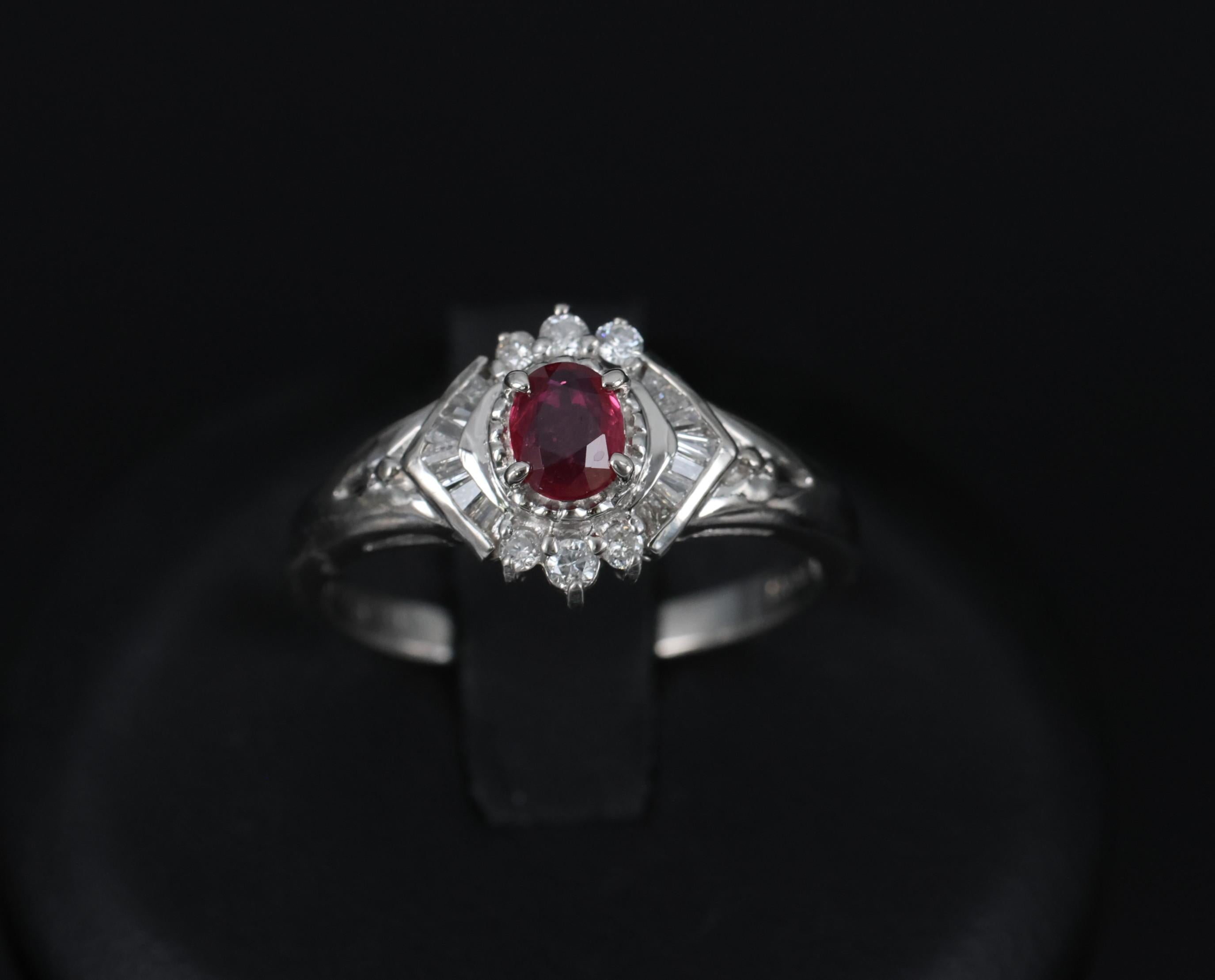 Vintage 0.35ct Intense Red Natural Ruby & 0.26ct Diamond Platinum Ring Size 7.25