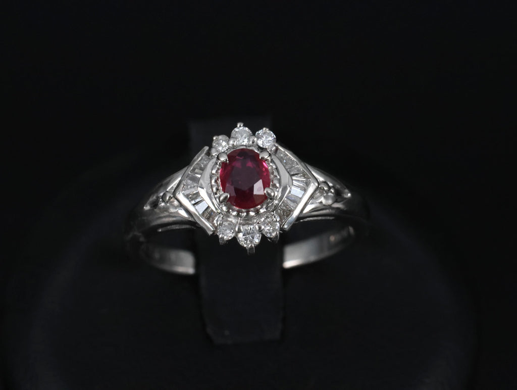 Vintage 0.35ct Intense Red Natural Ruby & 0.26ct Diamond Platinum Ring Size 7.25