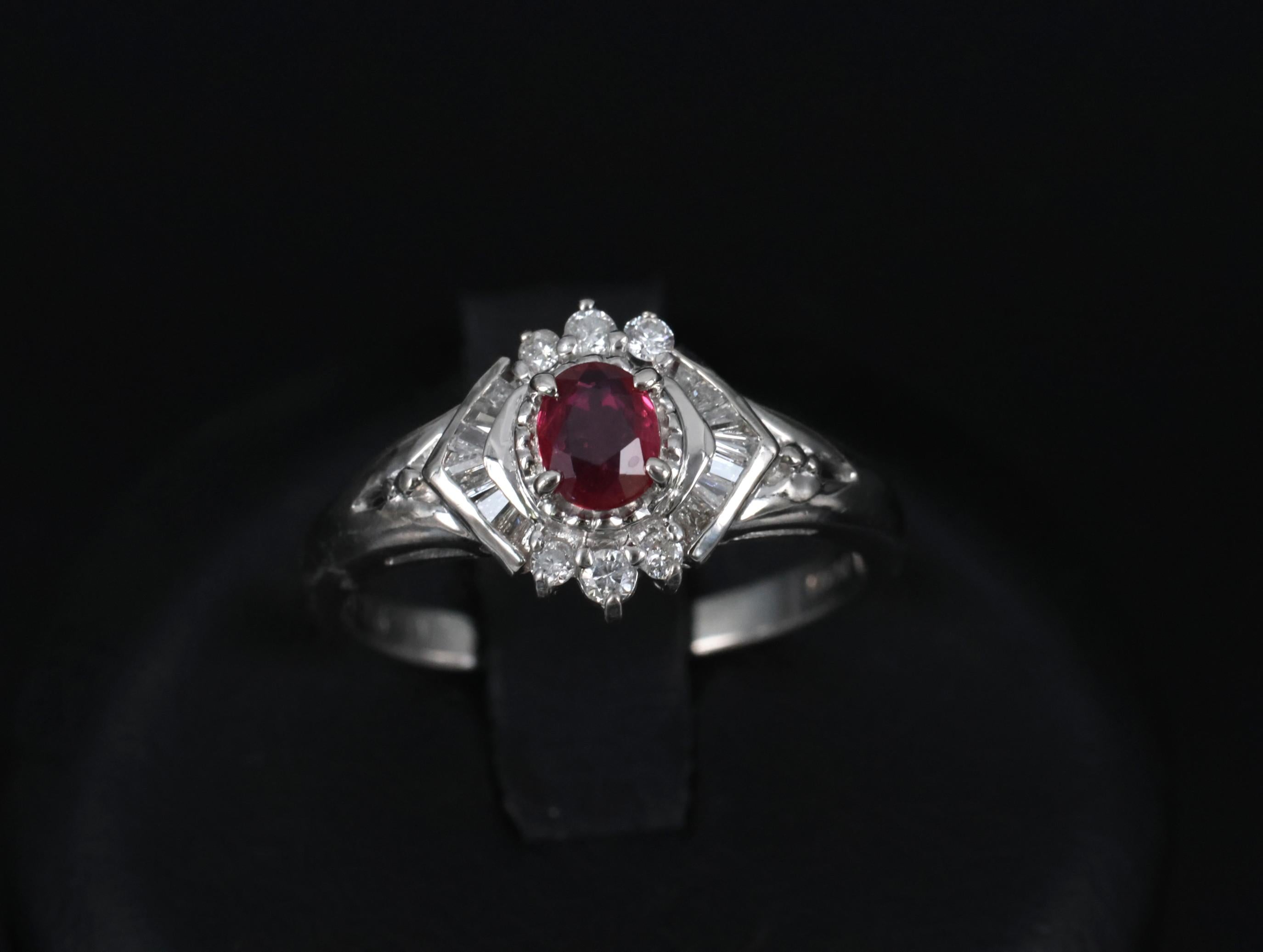 Vintage 0.35ct Intense Red Natural Ruby & 0.26ct Diamond Platinum Ring Size 7.25