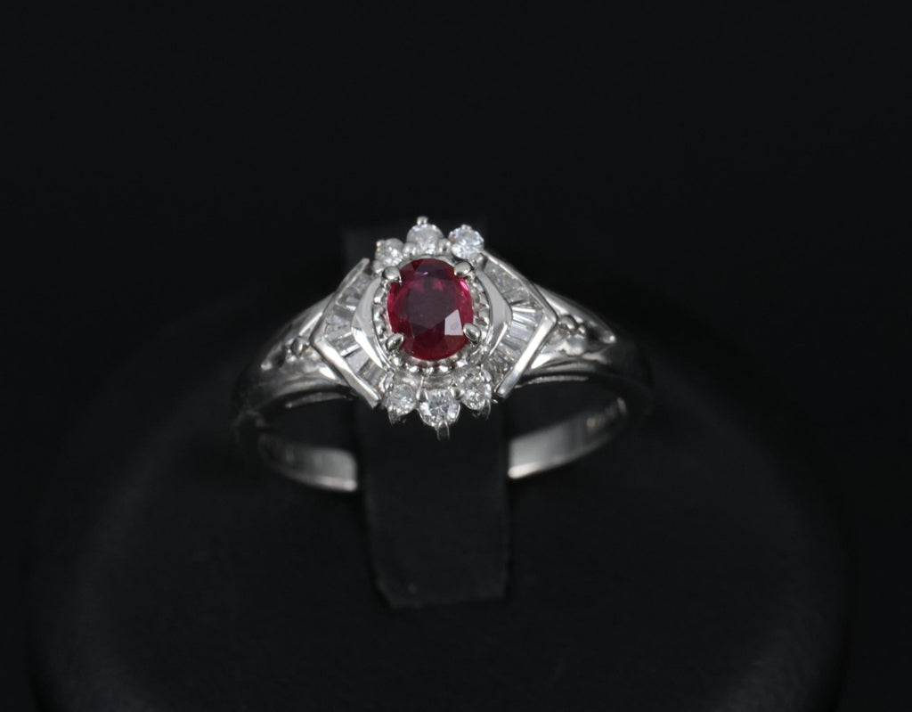Vintage 0.35ct Intense Red Natural Ruby & 0.26ct Diamond Platinum Ring Size 7.25
