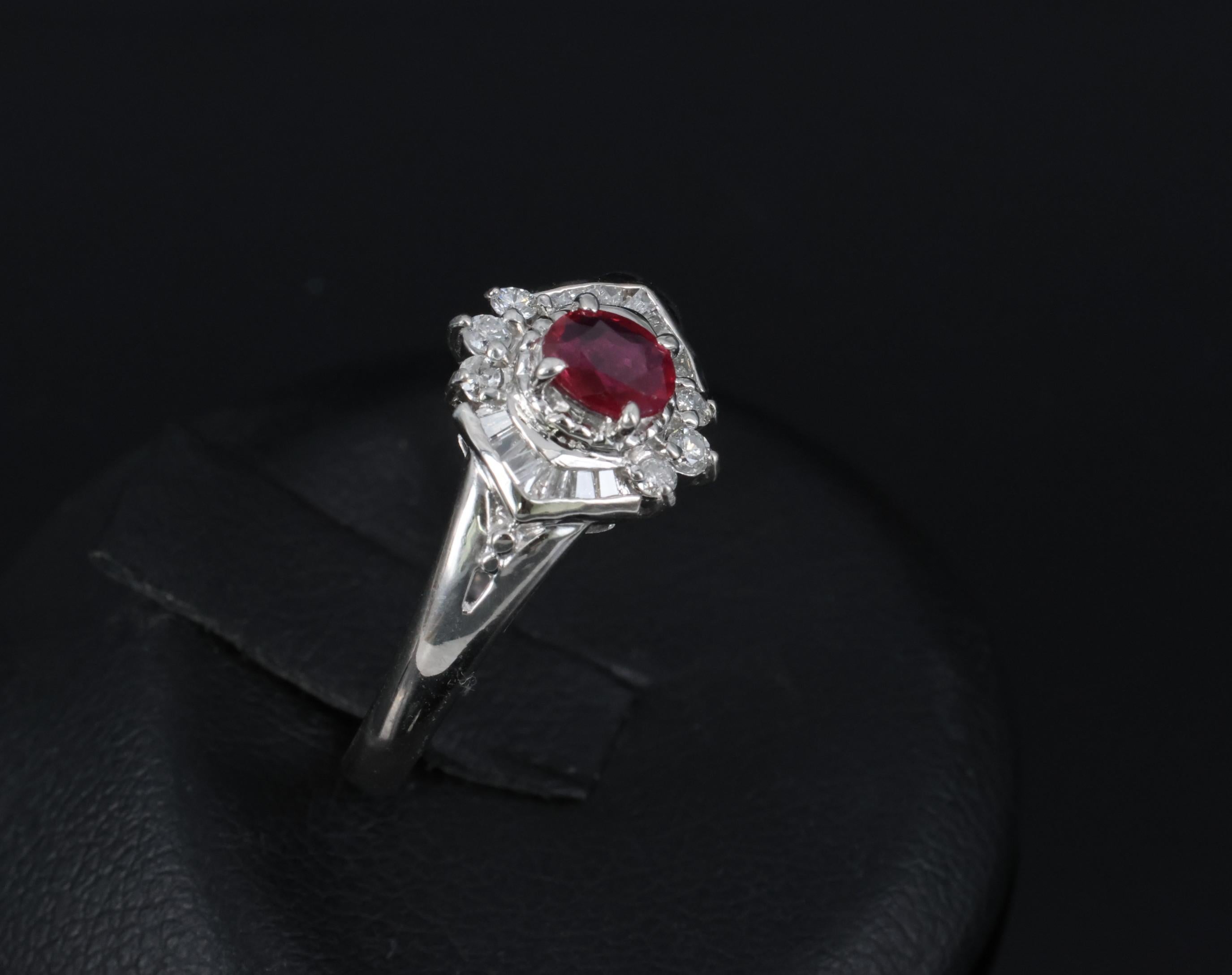 Vintage 0.35ct Intense Red Natural Ruby & 0.26ct Diamond Platinum Ring Size 7.25