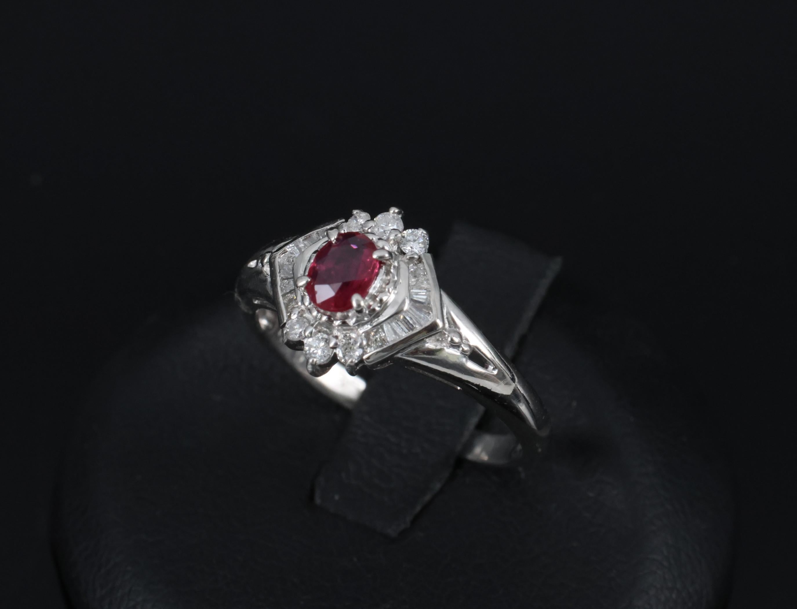 Vintage 0.35ct Intense Red Natural Ruby & 0.26ct Diamond Platinum Ring Size 7.25