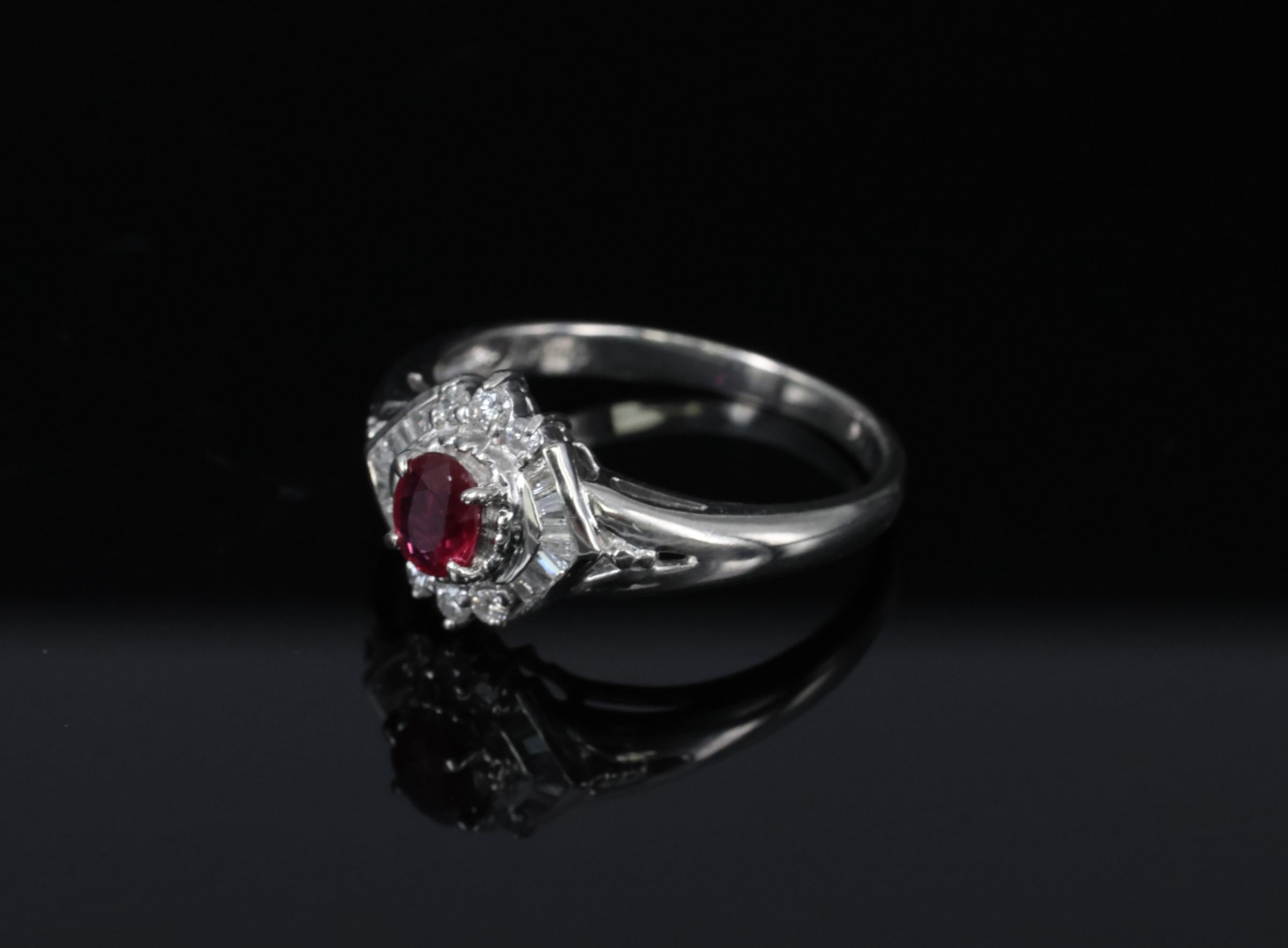 Vintage 0.35ct Intense Red Natural Ruby & 0.26ct Diamond Platinum Ring Size 7.25