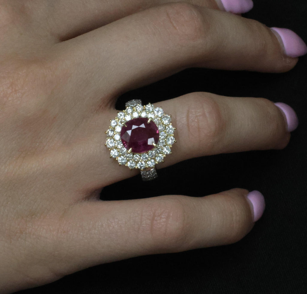 Fine 3.41ct GIA Thai Ruby & 1.62ct Diamond Platinum & 18K Gold Ring, Size 5.75