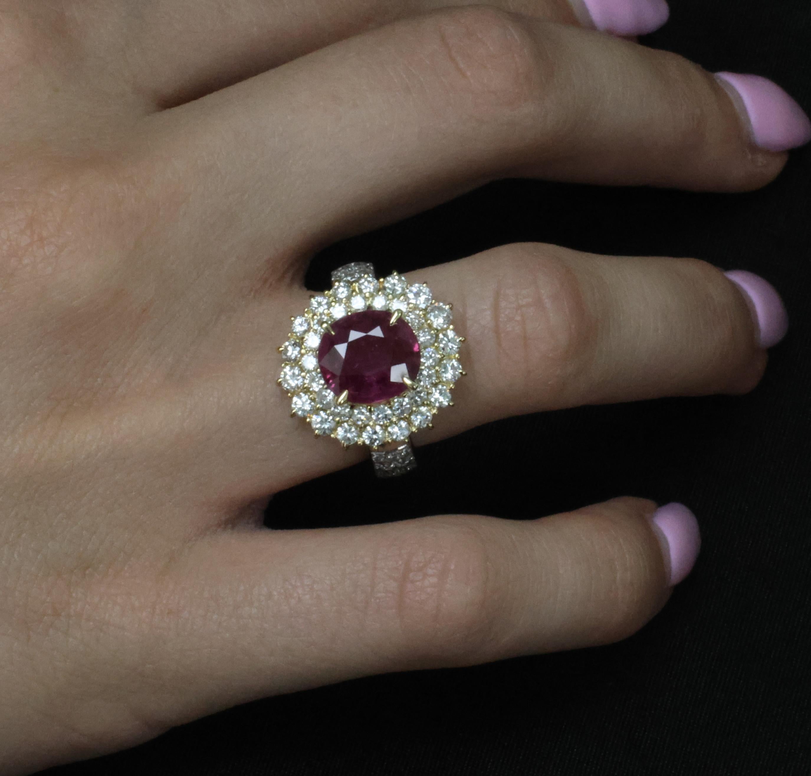Fine 3.41ct GIA Thai Ruby & 1.62ct Diamond Platinum & 18K Gold Ring, Size 5.75