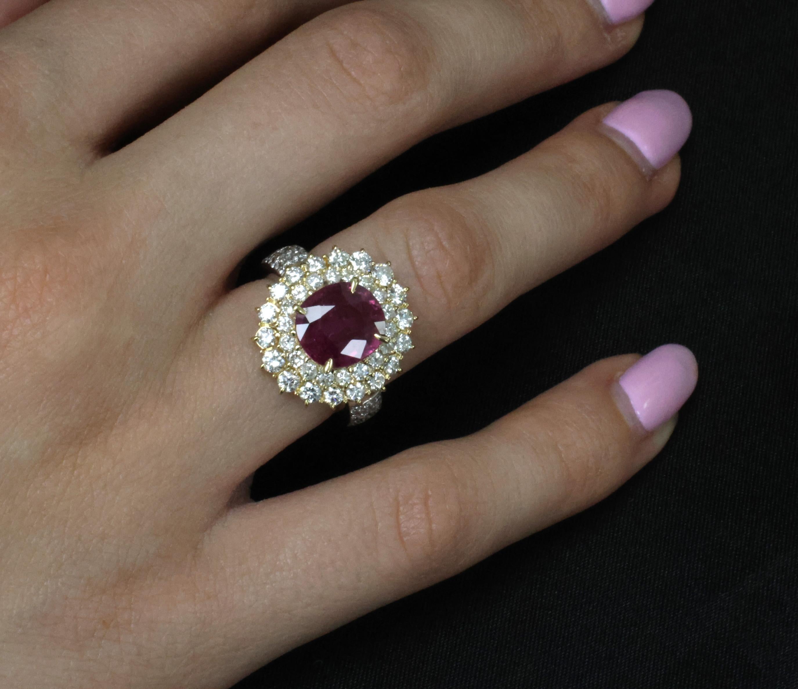 Fine 3.41ct GIA Thai Ruby & 1.62ct Diamond Platinum & 18K Gold Ring, Size 5.75
