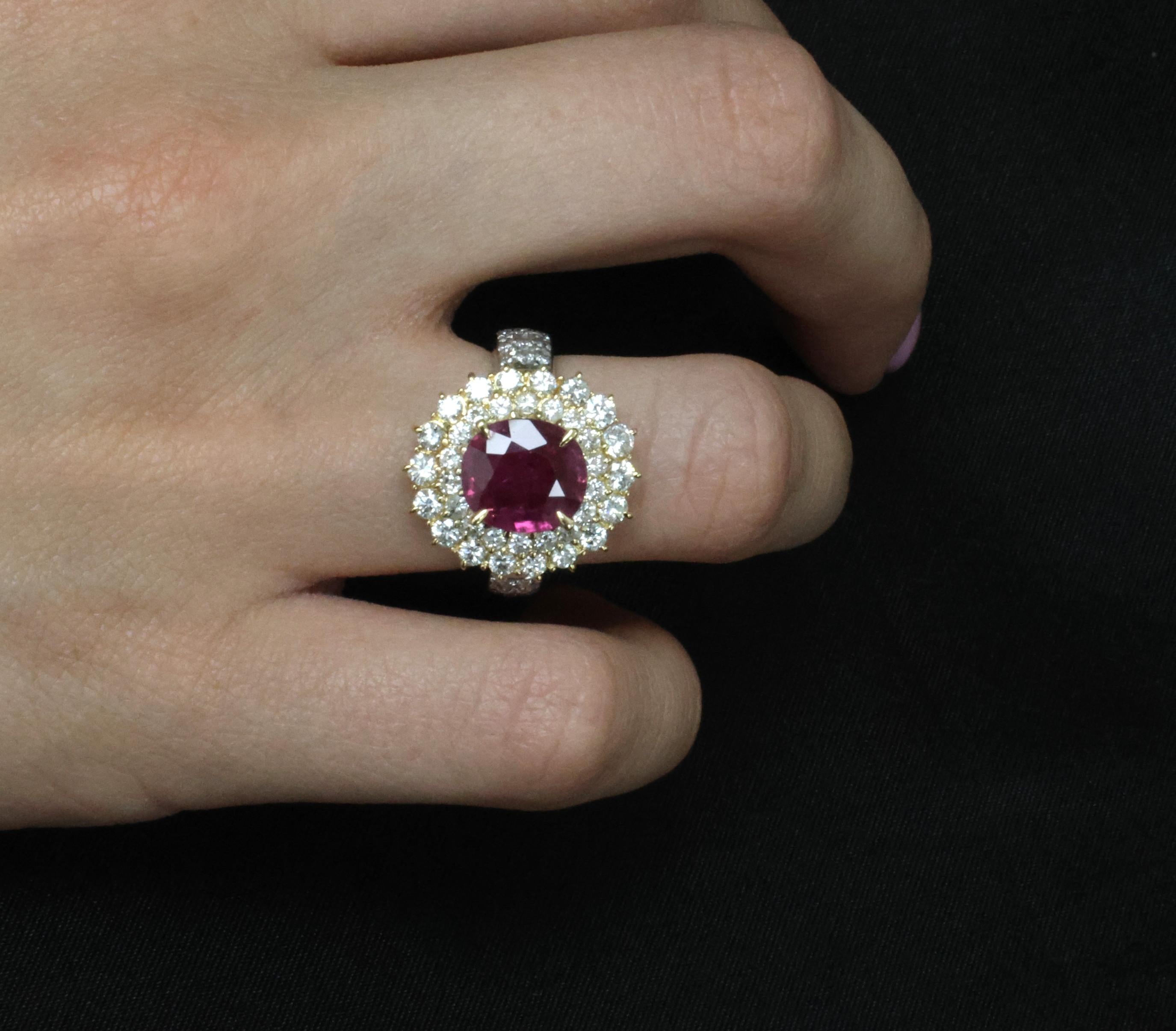 Fine 3.41ct GIA Thai Ruby & 1.62ct Diamond Platinum & 18K Gold Ring, Size 5.75