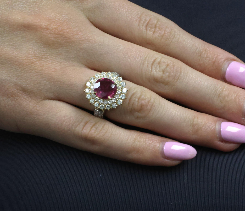 Fine 3.41ct GIA Thai Ruby & 1.62ct Diamond Platinum & 18K Gold Ring, Size 5.75