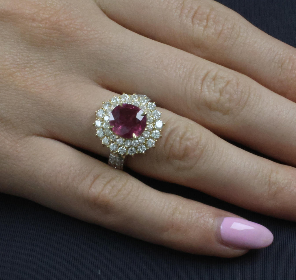 Fine 3.41ct GIA Thai Ruby & 1.62ct Diamond Platinum & 18K Gold Ring, Size 5.75
