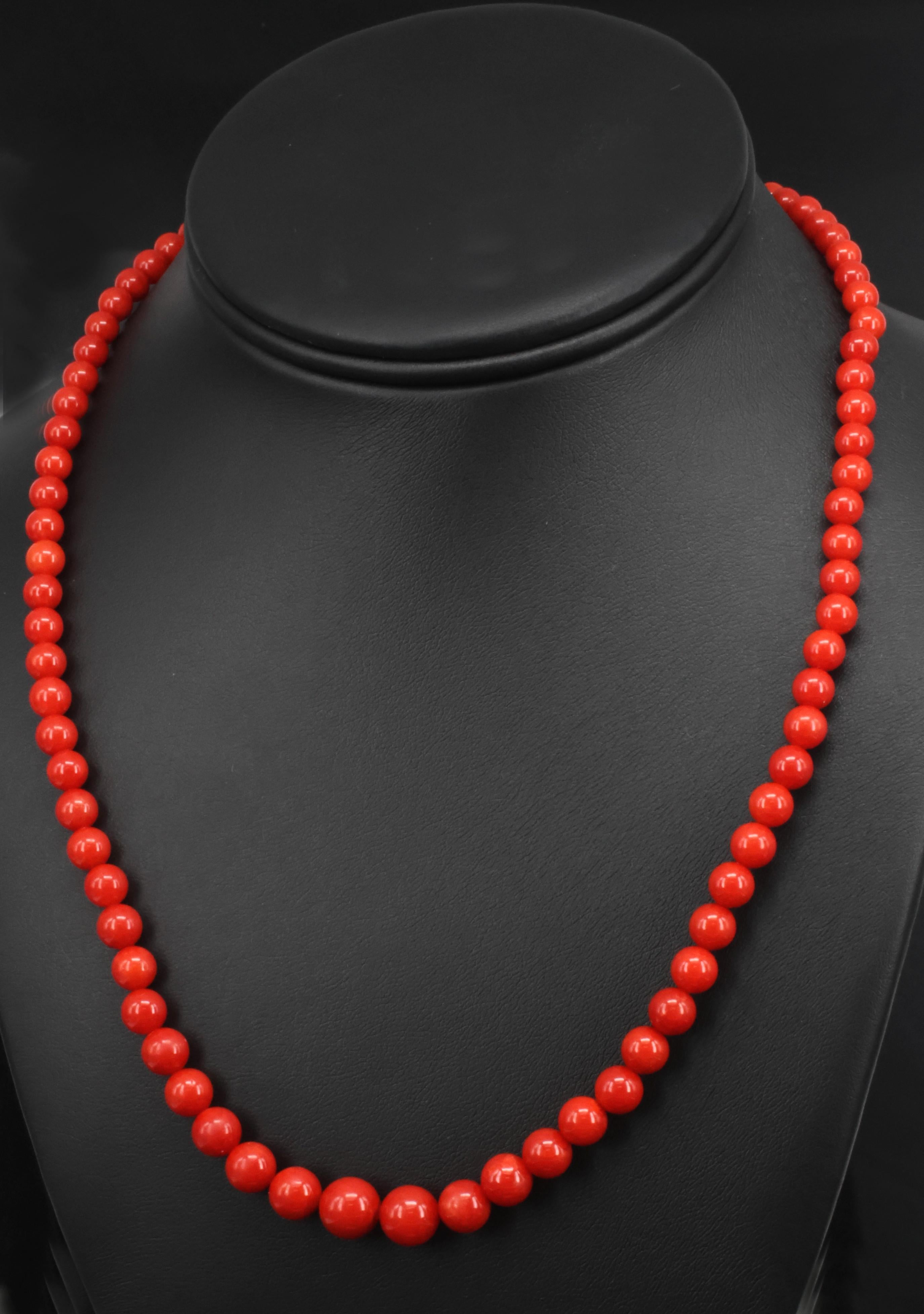 Fine 4.9-8.6mm Natural Untreated Ox Blood Red Coral 14K Yellow Gold Necklace