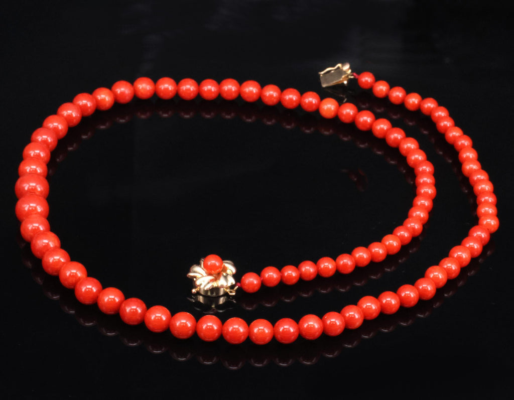 Fine 4.9-8.6mm Natural Untreated Ox Blood Red Coral 14K Yellow Gold Necklace