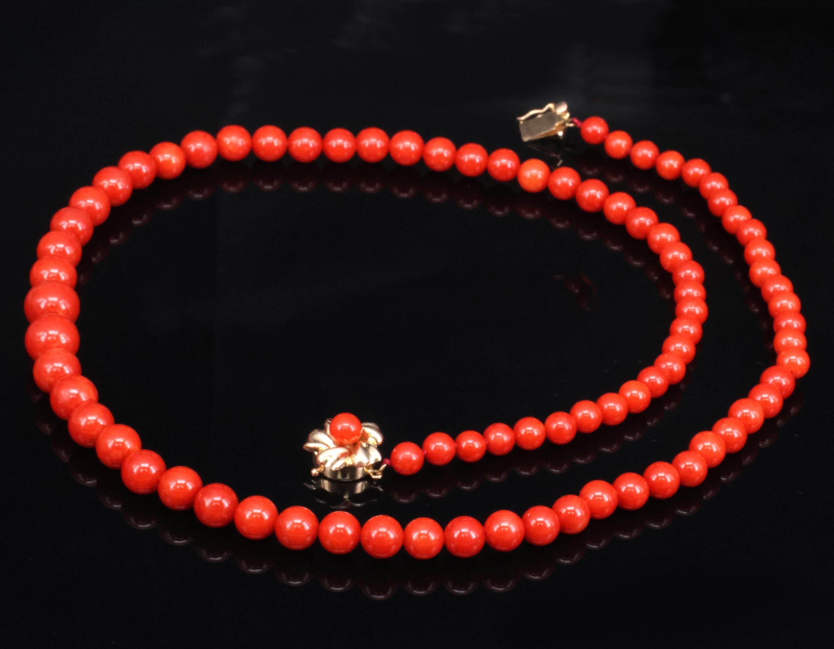 Fine 4.9-8.6mm Natural Untreated Ox Blood Red Coral 14K Yellow Gold Necklace