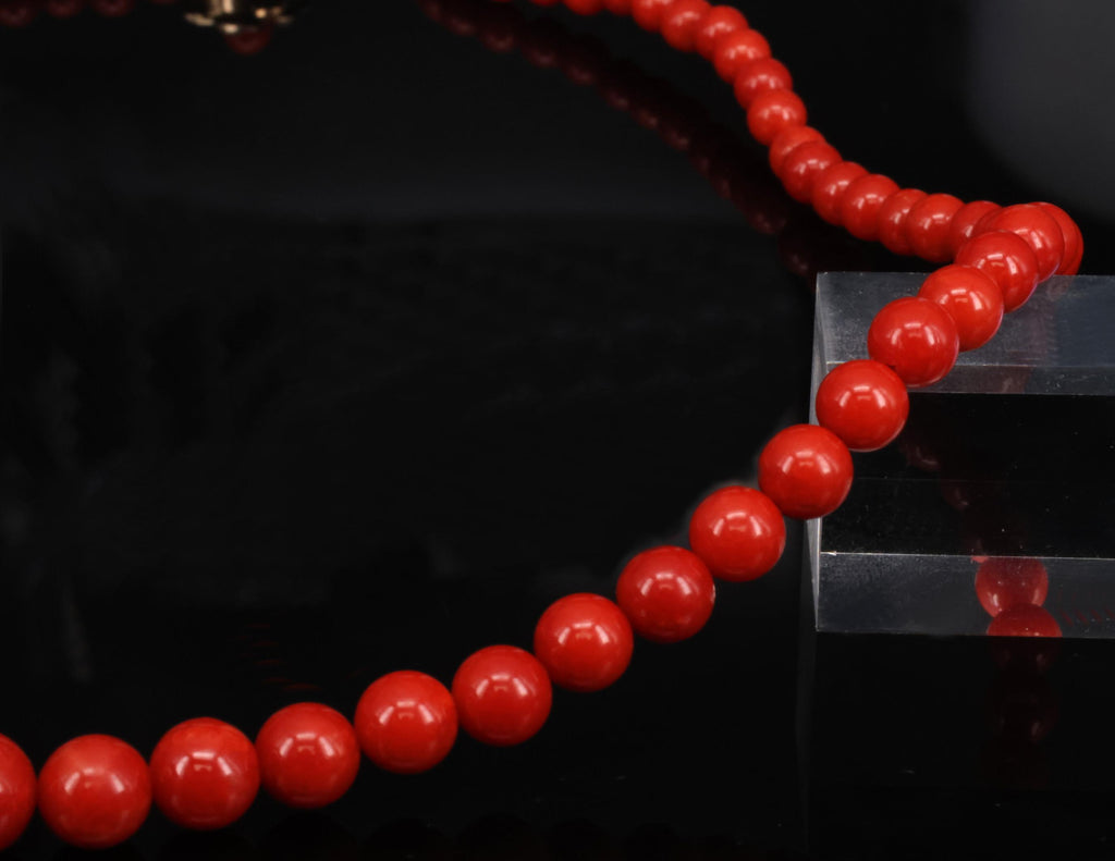 Fine 4.9-8.6mm Natural Untreated Ox Blood Red Coral 14K Yellow Gold Necklace