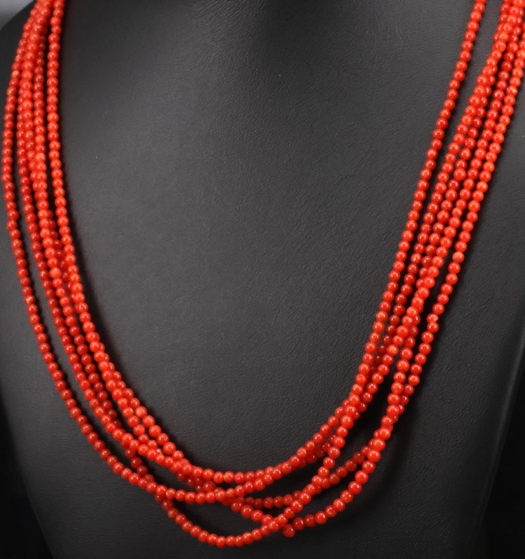 Natural Untreated Ox Blood Coral 2.5-2.9mm 5 layer 18K Yellow Gold 19" Necklace